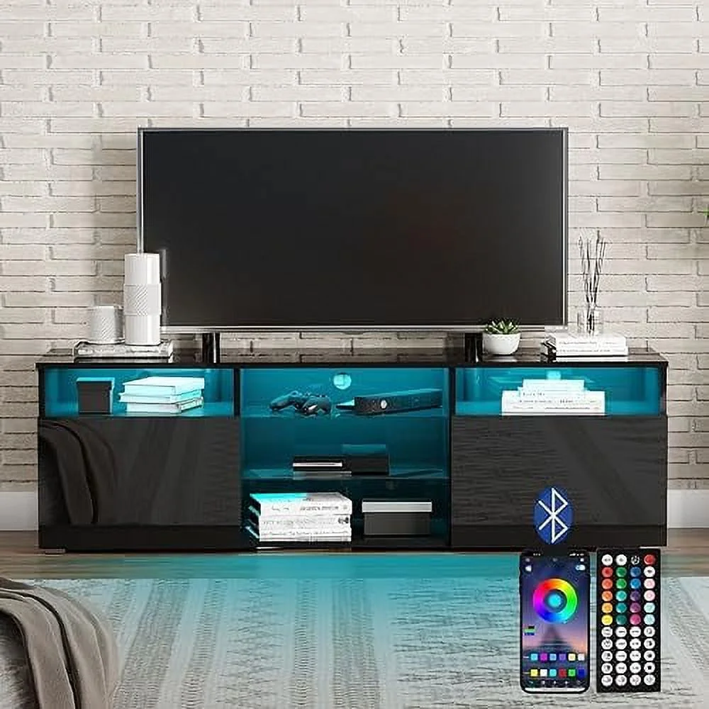 HYHBIBOOM 71IN LED TV Stand for 75/80inch TV High Glossy Black TV Stand for Living Room Modern Gaming Entertainment Center with Adjustable   RGB LED Lighting TV Cabinet(71in White)