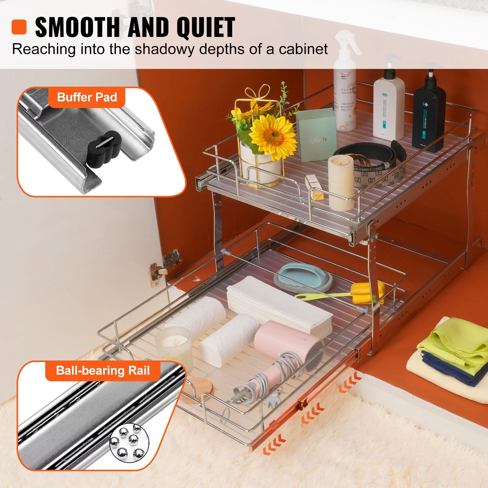 SKYSHALO 16x21 inch Drawer Basket 2-Tier Wire Pull Out Cabinet Under Sink Organizer
