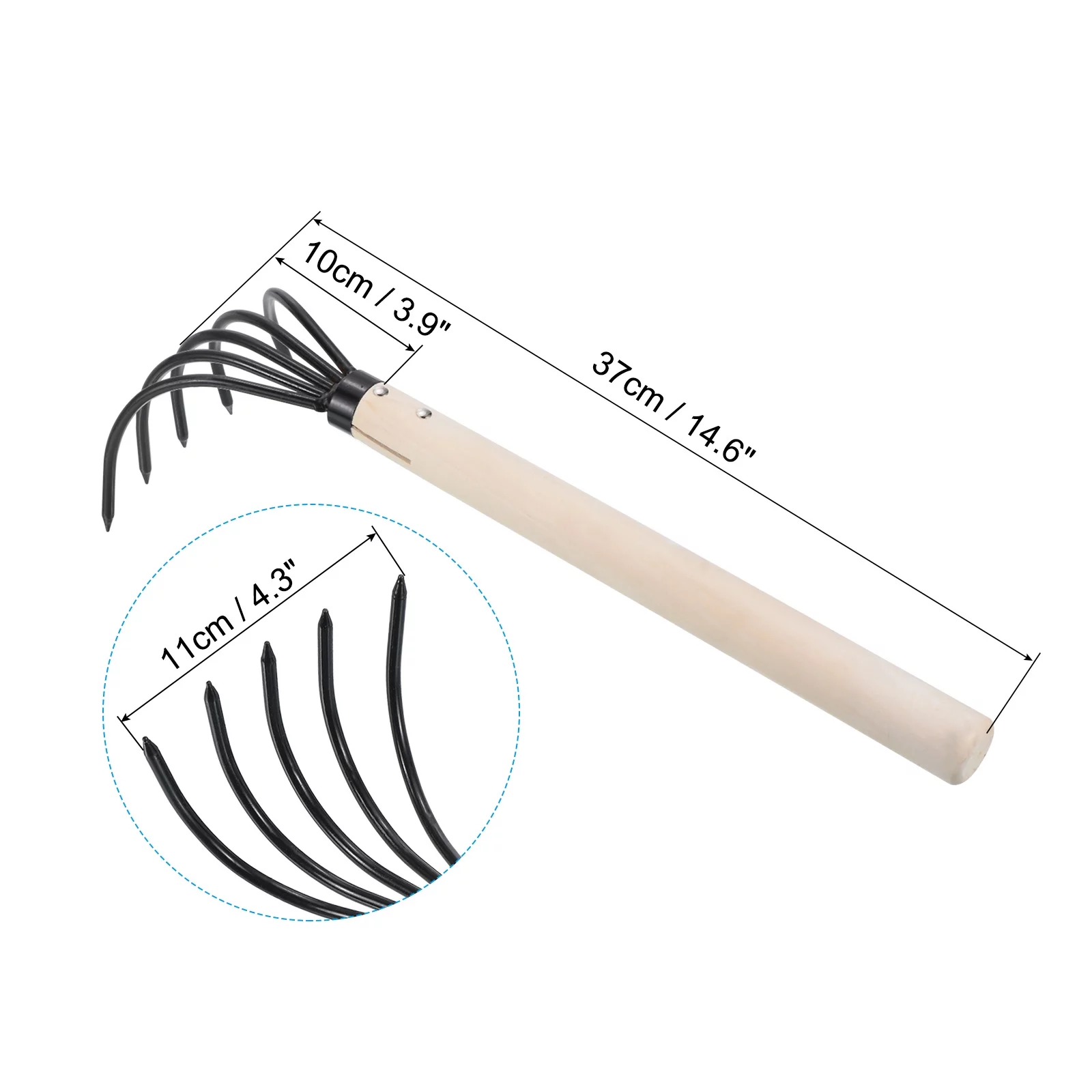 Uxcell 5 Tines Garden Claw Rake Hand Rake Cultivator Claw Soil Tiller with Long Wooden Handle 2 Pack