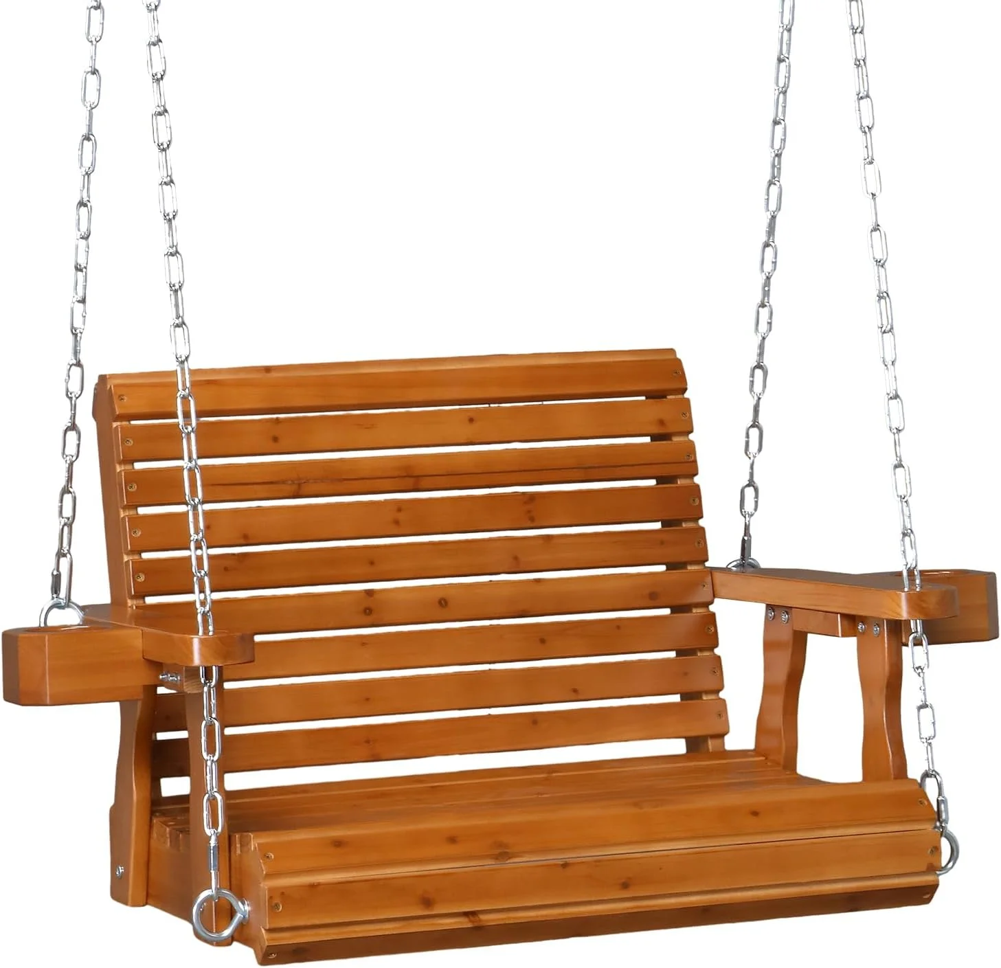 VINGLI Heavy Duty 440 LBS 1-Person Wooden Patio Porch Swing with Deeper Seat & Higher Backrest & Extra Cup Holder for Adults & Kids, Outdoor Single Porch Swing for Porch, Yard, Balcony, Tree (Brown)