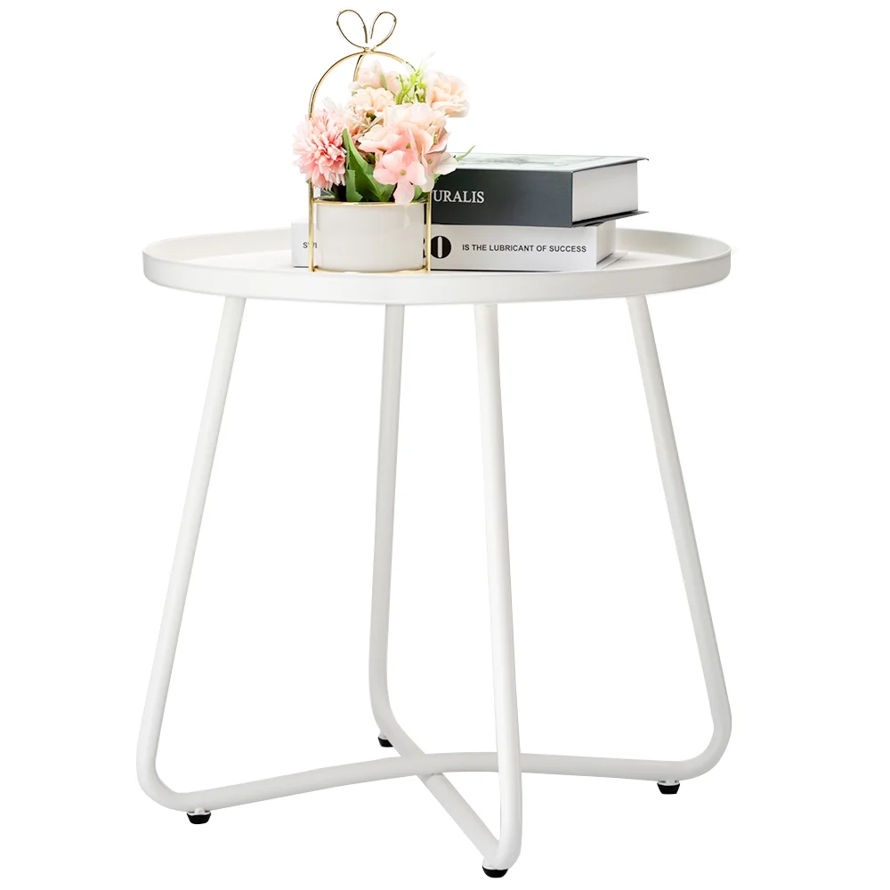 danpinera Outdoor Side Table, Small Round End Table with Weather Resistant Steel for Patio,Yard,Balcony,Garden - White