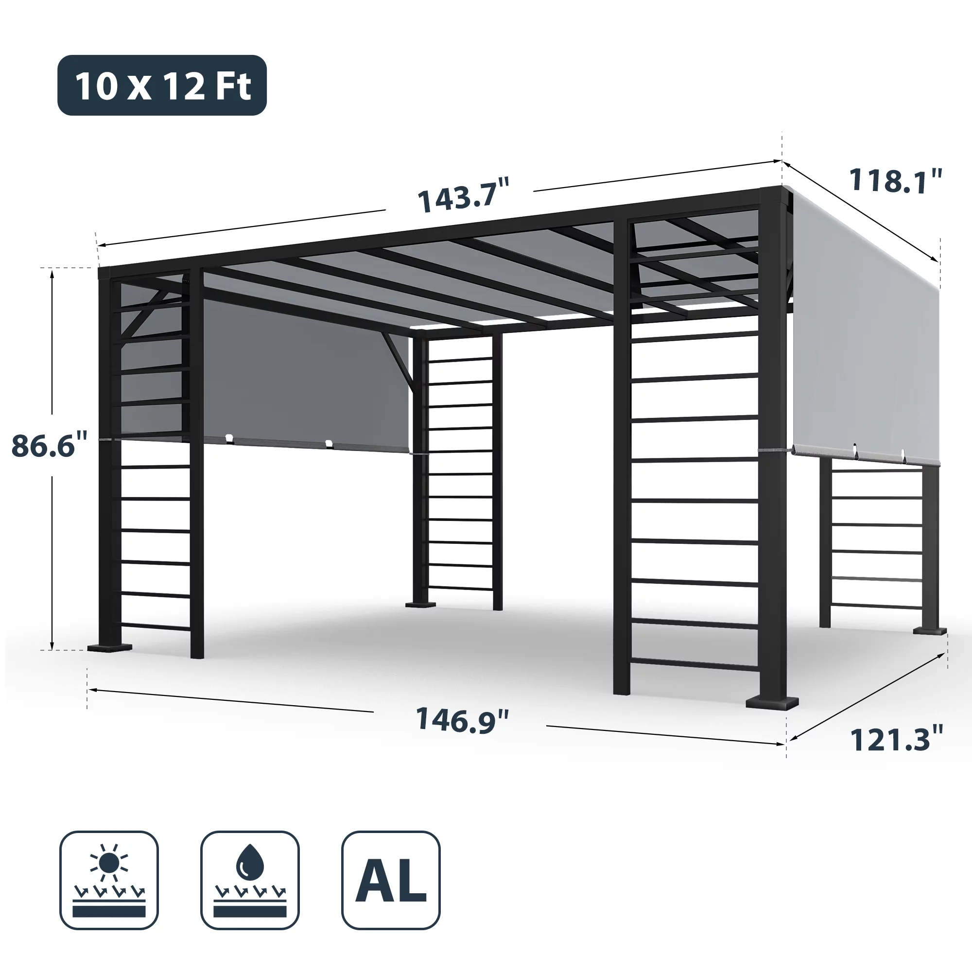 10 ft. x 12 ft. Aluminum Outdoor Pergola with and Retractable GrayShade