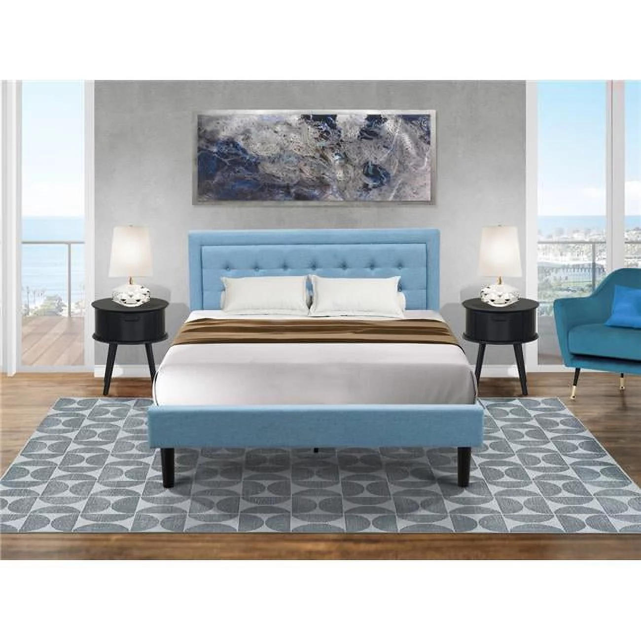 East West Furniture 3-piece Wood Platform Bedroom Set in Denim Blue