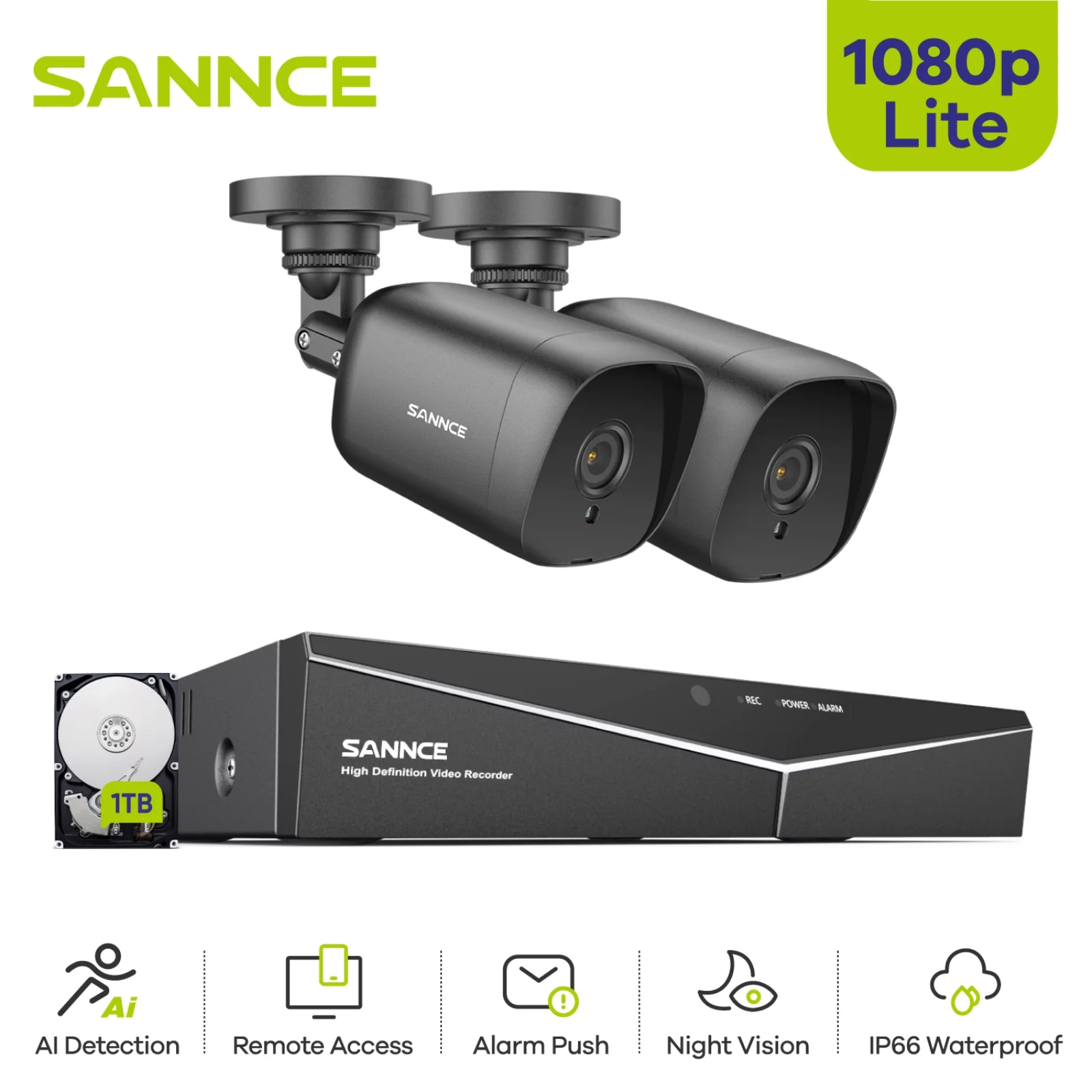 SANNCE 4CH DVR CCTV System 2PCS 2MP IP66 Waterproof Outdoor Security Cameras 1080P HDMI TVI CCTV DVR 1280TVL Surveillance Kit With 1T HDD