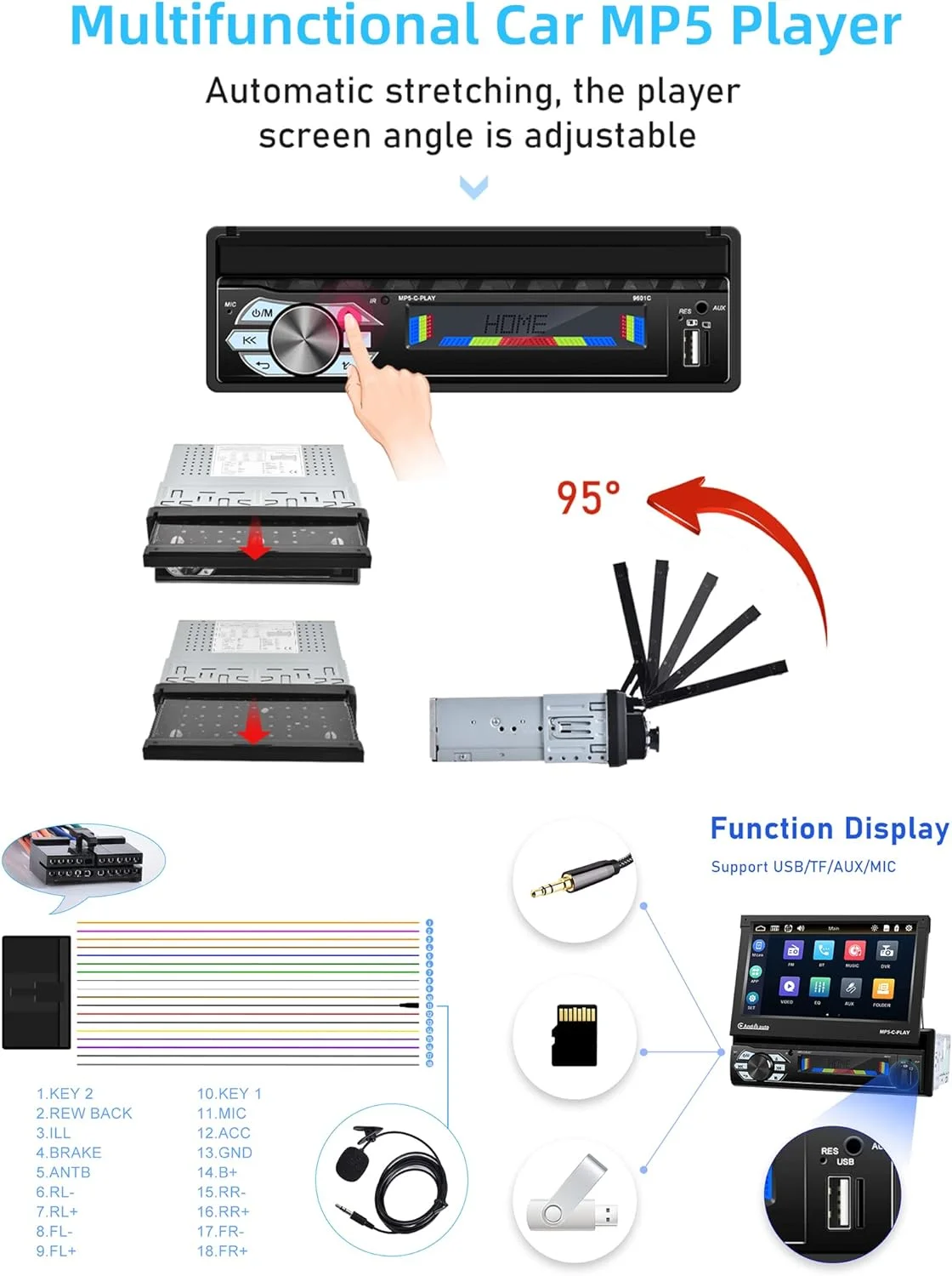 THONZER Carplay Car Stereo with Android Auto Bluetooth,7 Inch Flip Out Touchscreen Car Radio,Car Audio Receivers Support Phone Mirror Link,with FM Radio/Backup Camera/USB TF AUX-in Port