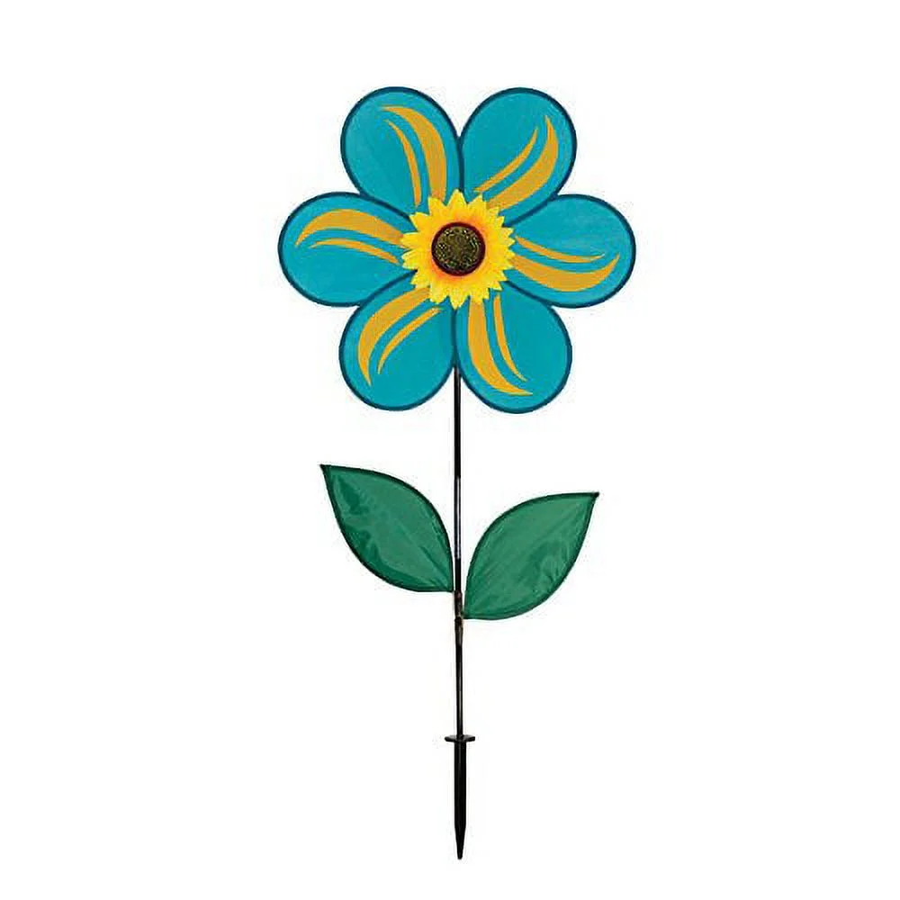 In the Breeze 2743 - 19 Inch Teal Sunflower Wind Spinner with Leaves - Colorful Flower for your Yard and Garden