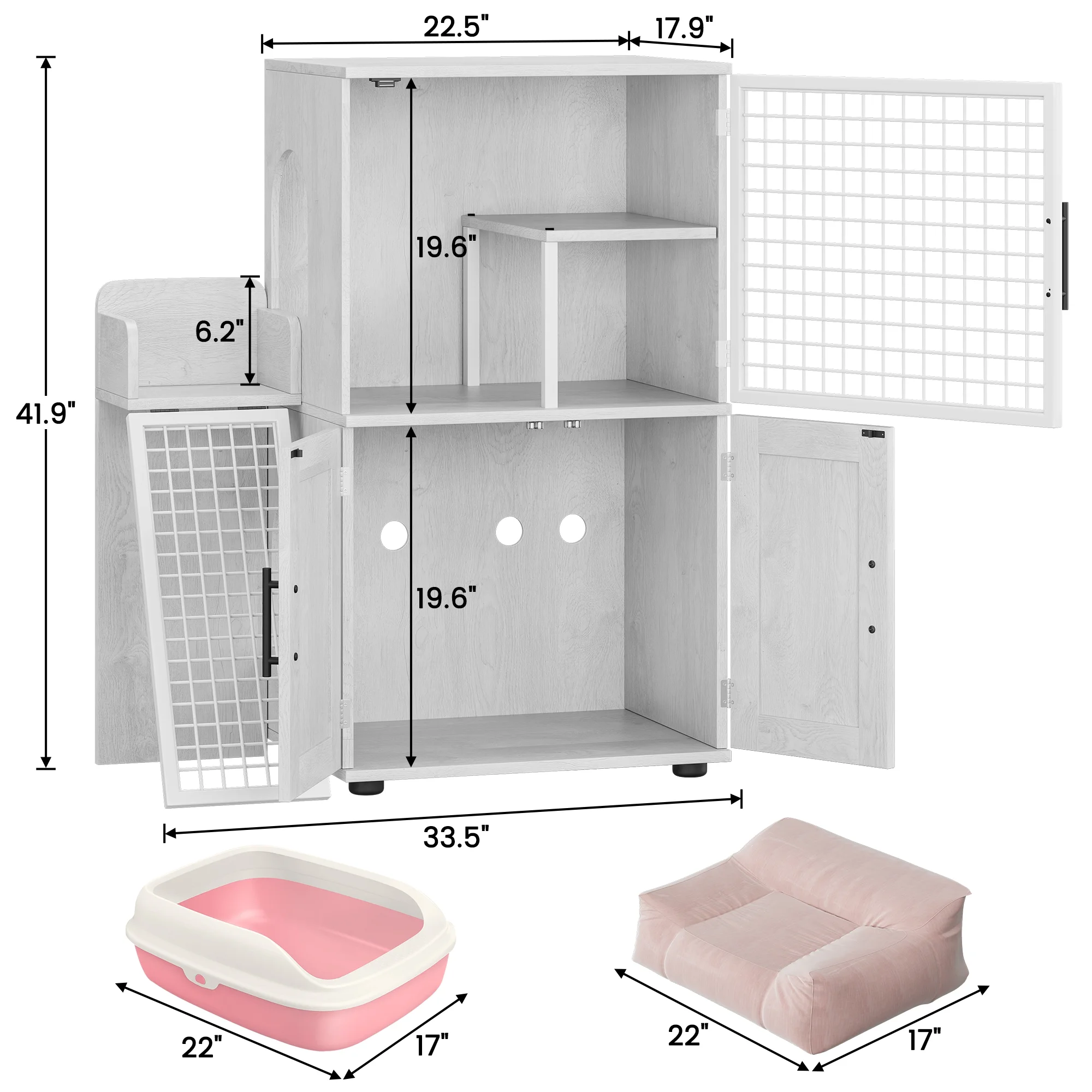 Towallmark 2 In 1 Hidden Litter Box Enclosure Furniture, 2 Storage Racks And 2 Drawers, Litter Box With Platform, Ladder, Indoor Cat Washroom, Rustic White