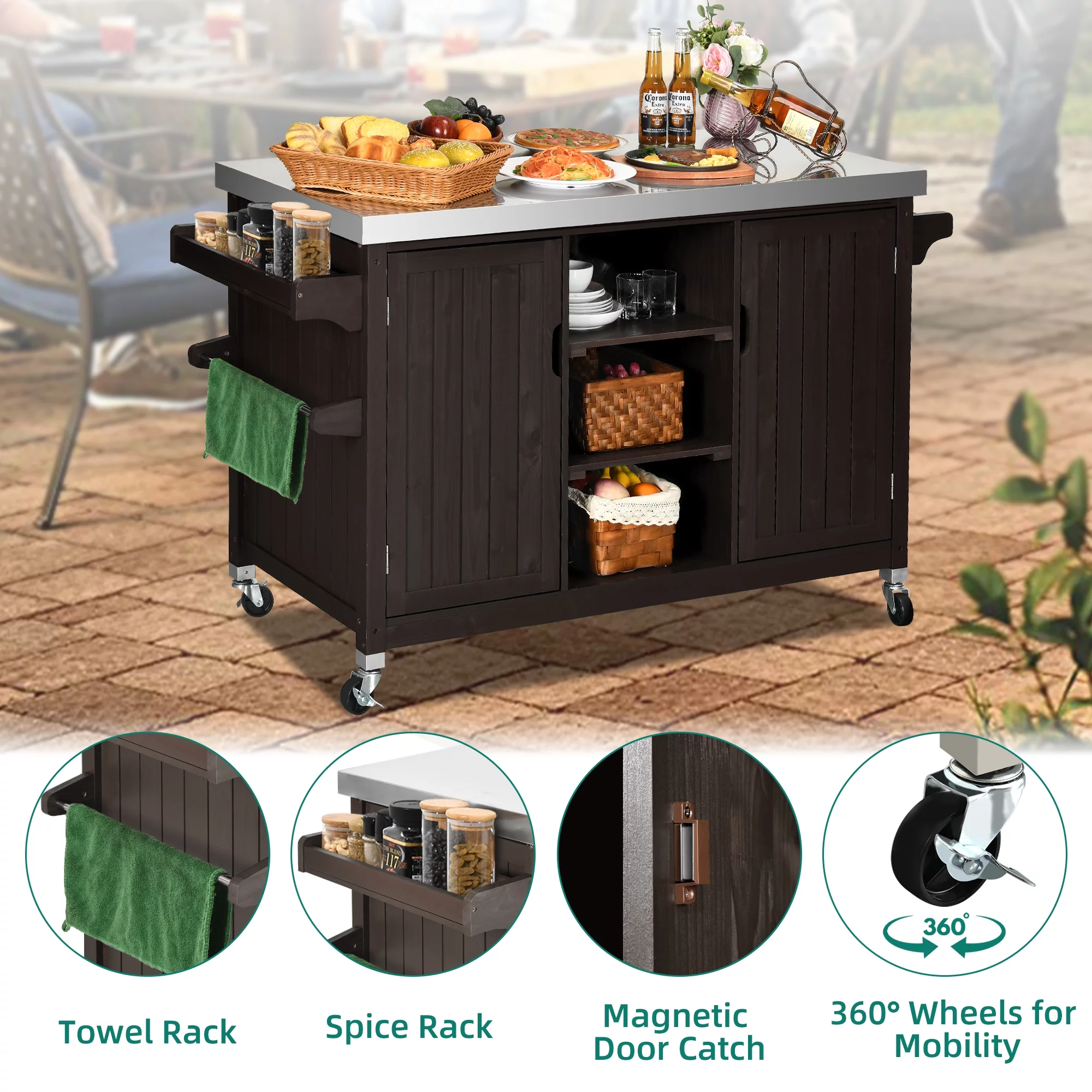 DWVO Outdoor Prep Table Grill Station, Solid Wood Movable Dining Cart Table, Dark Brown