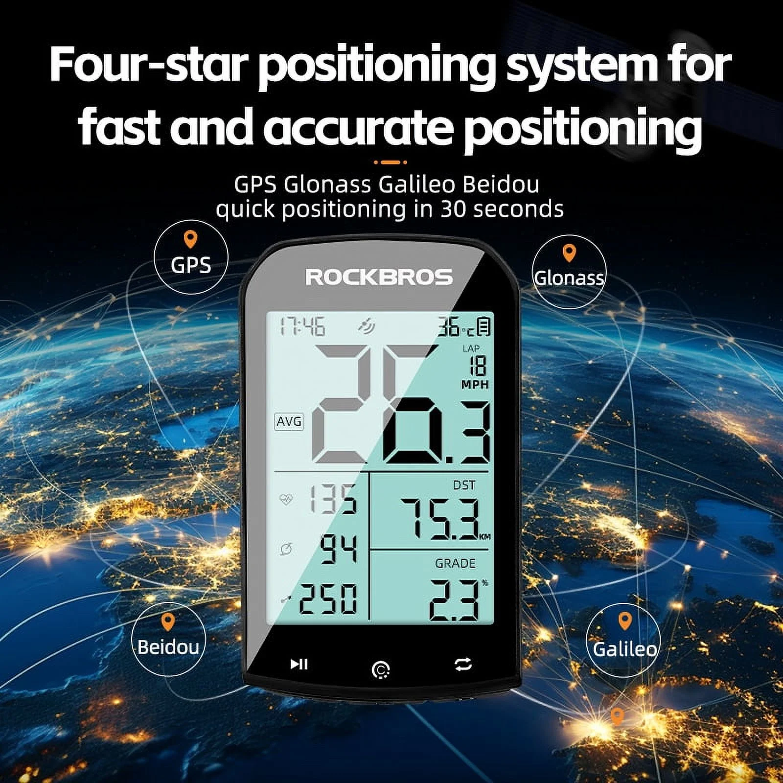 ROCKBROS Bike Computer Wireless Cycling Computers ANT+ Bluetooth Bicycle Computer Mini Speedometer Odometer Waterproof 2.9inch LCD Screen GPS/BDS/Galileo Position System