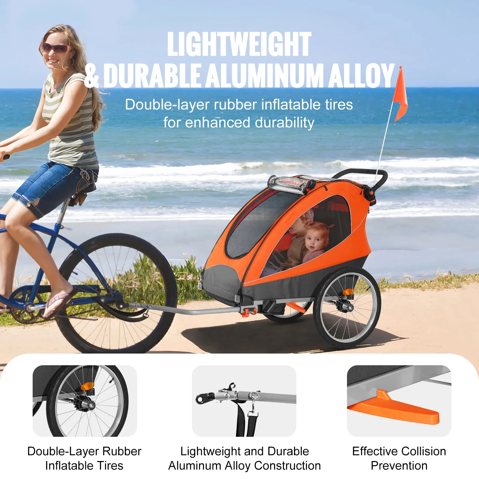 SKYSHALO Kids Bike Trailer 2 Seat Folding Stroller 100 lbs Double Stroller