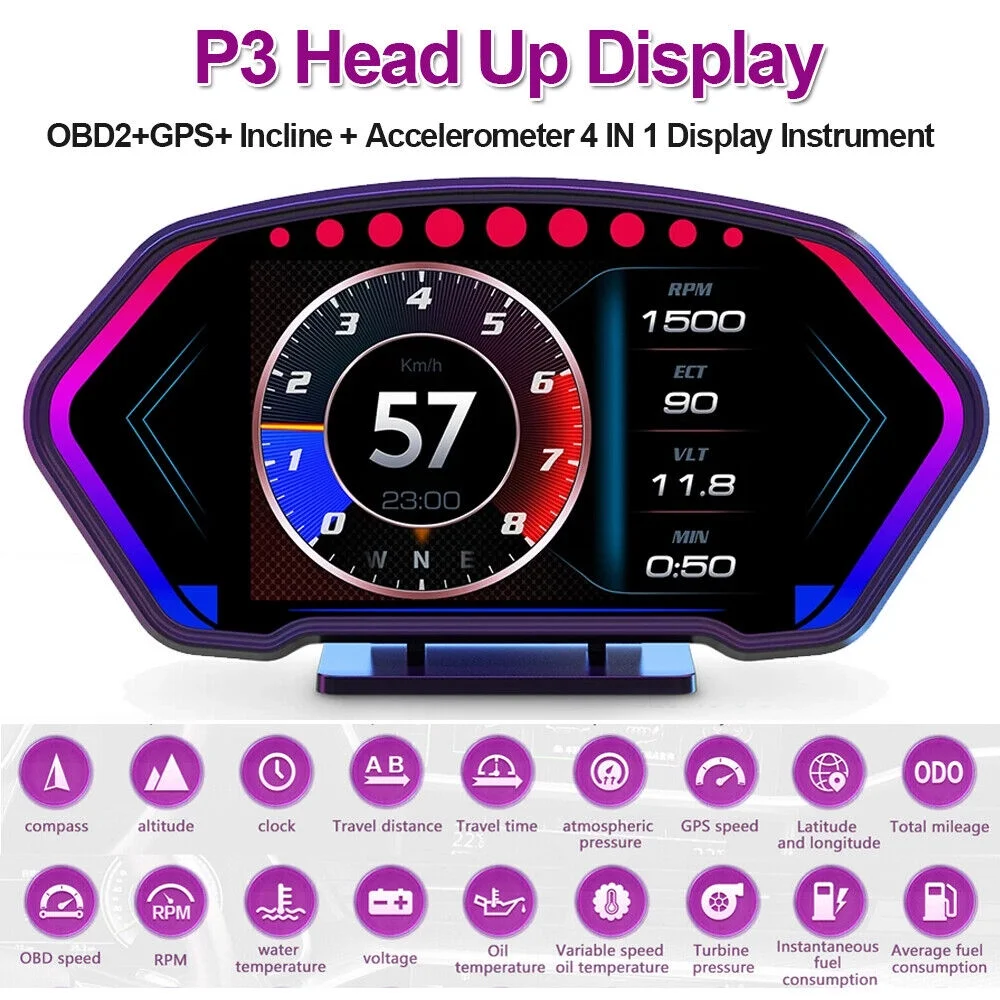 ANCEL P3 Car Head-Up Display OBD2 LCD Instrument GPS Speedometer Tachometer Real Time Automotive OBD Travel Data Monitor Slope Meter Accelerometer Intelligent Driving Computer with 6inch Screen
