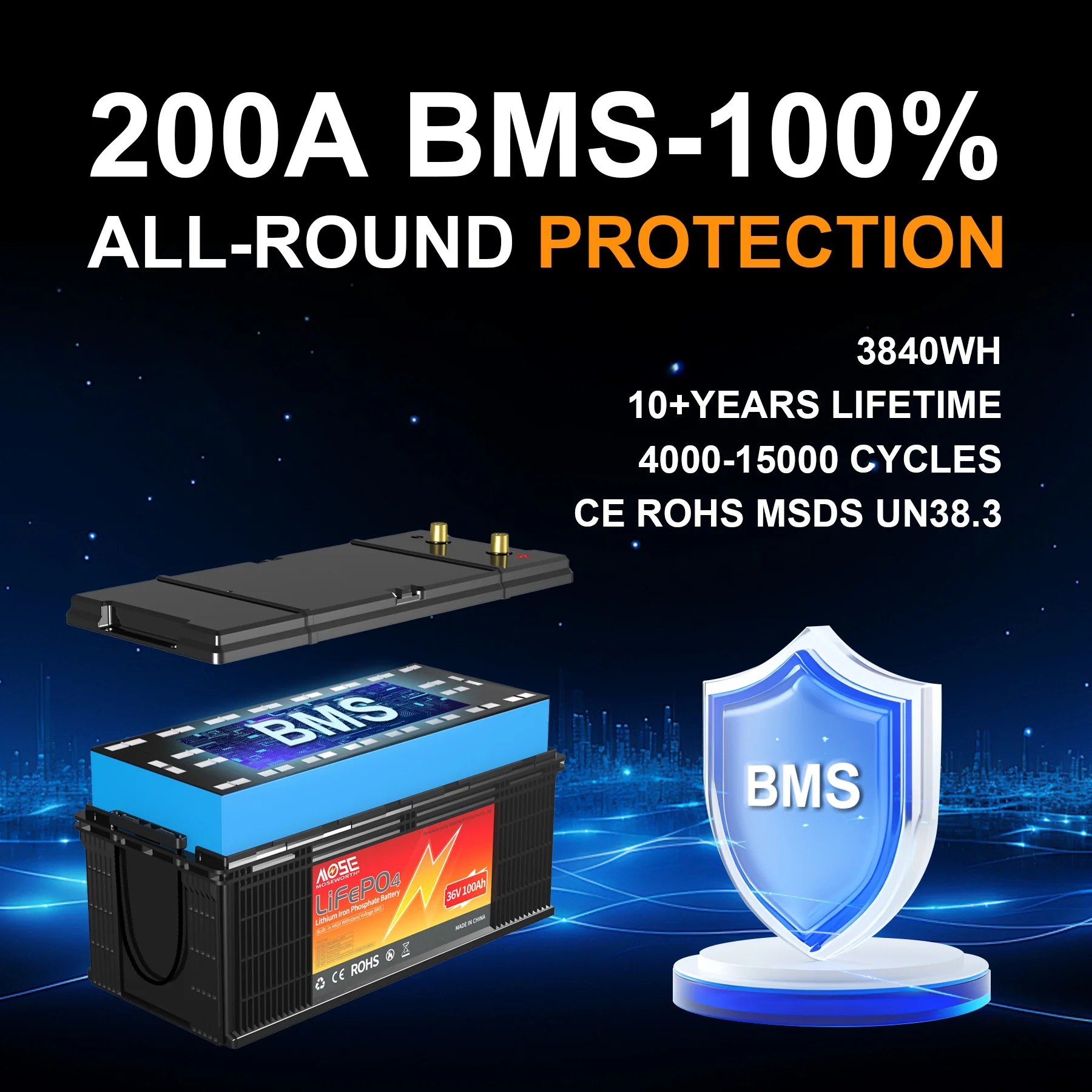 36V 100Ah LiFePO4 Battery,200A BMS,15000 Cycles,Low Temp Cut off,MOSEWORTH for Golf Cart,RV,Solar,Trolling Motor,off-Grid