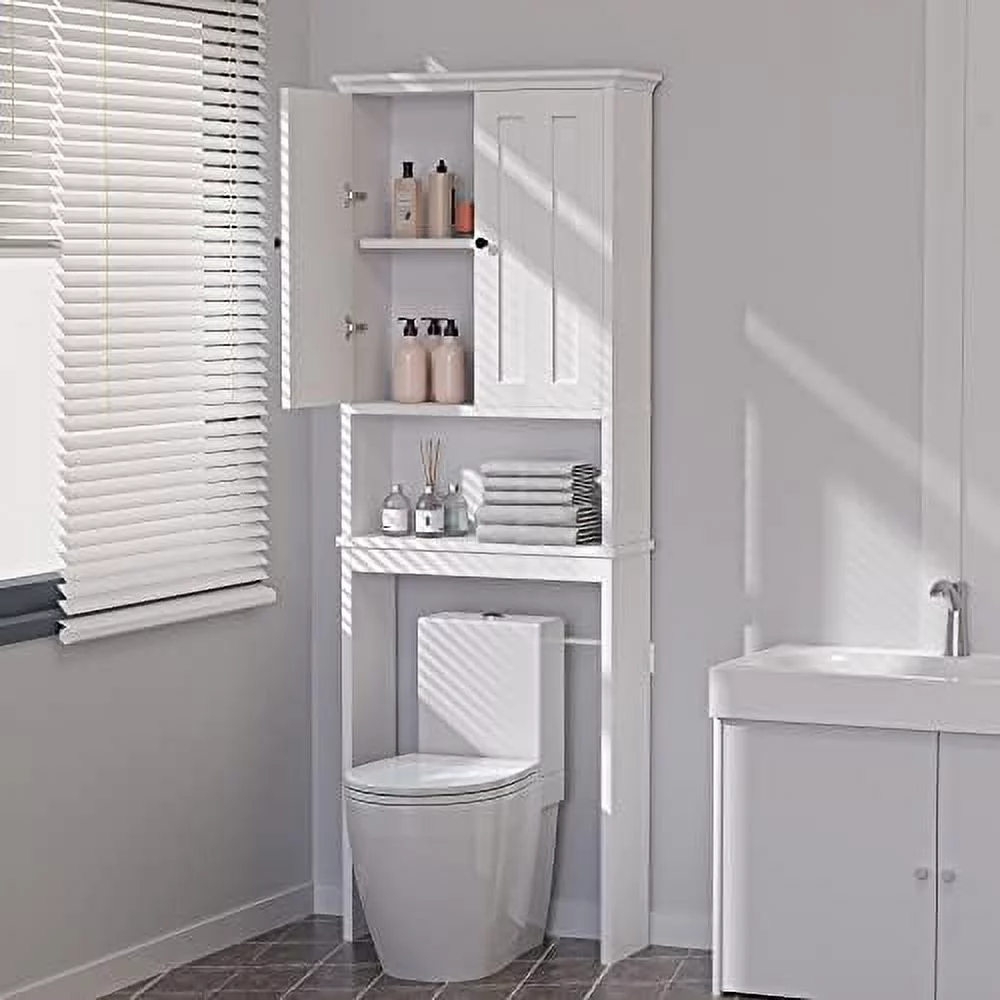 ZWNLKQG Over The Toilet  Cabinet - 77" H Bathroom Organizers and  Over Toilet with Open Shelves  Above Toilet  Cabinet with Double Doors  Black