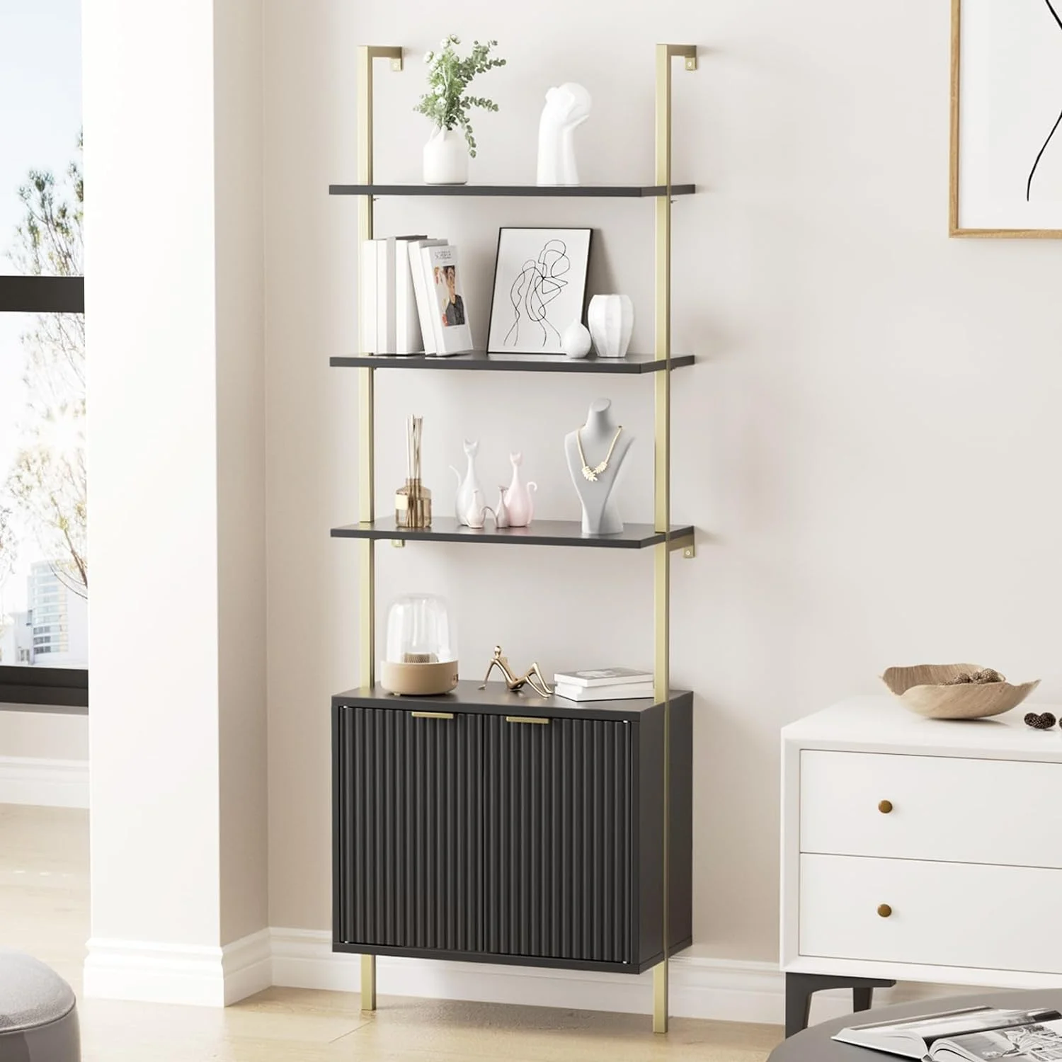 3 Tier Black & Gold Ladder Shelf with Storage Cabinet, Modern Ladder Bookshelf with Doors, Wall Mount Bookcase with Metal Frame, Display Shelves for Living Room, Bedroom, Bathroom, Home Office