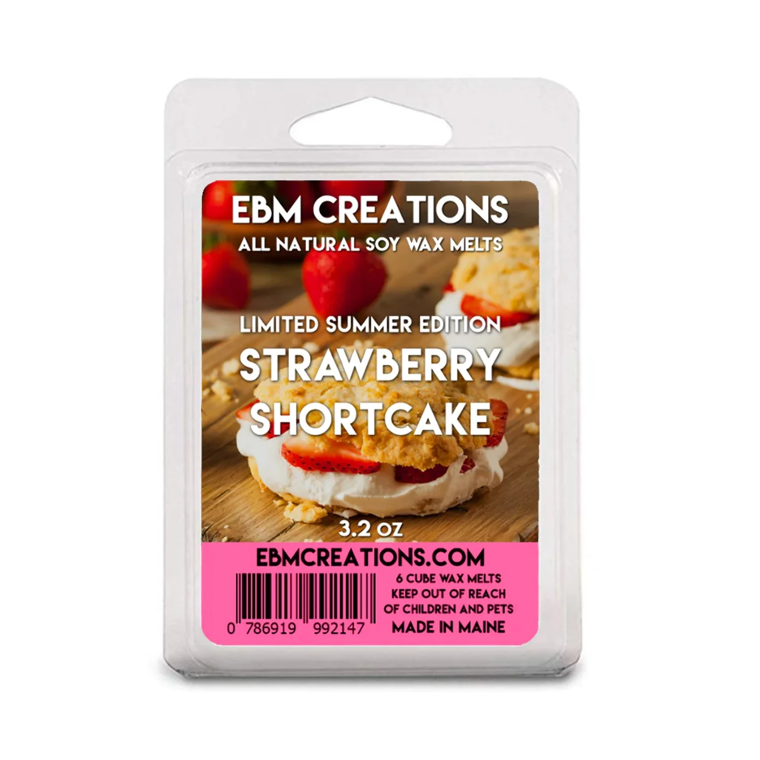 Strawberry Shortcake Limited Summer Edition Scented Soy Wax Melts, EBM Creations, 6 Cube 3.2oz Clamshell Highly Scented!