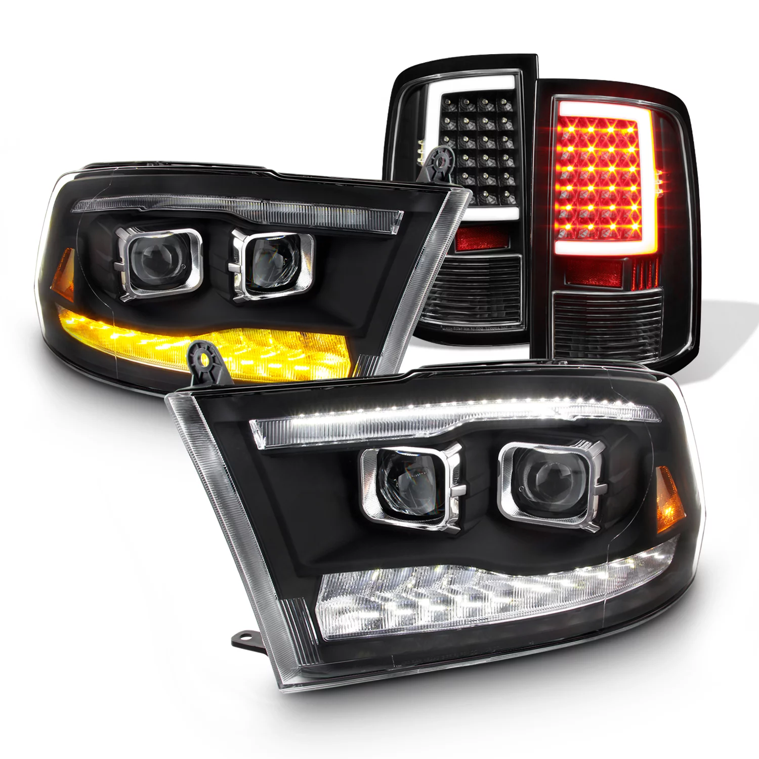 AKKON - For Dodge Ram 09-18 LED Bar DRL & Hi/Lo Projector Housing + Light Tube Black Tail Lens