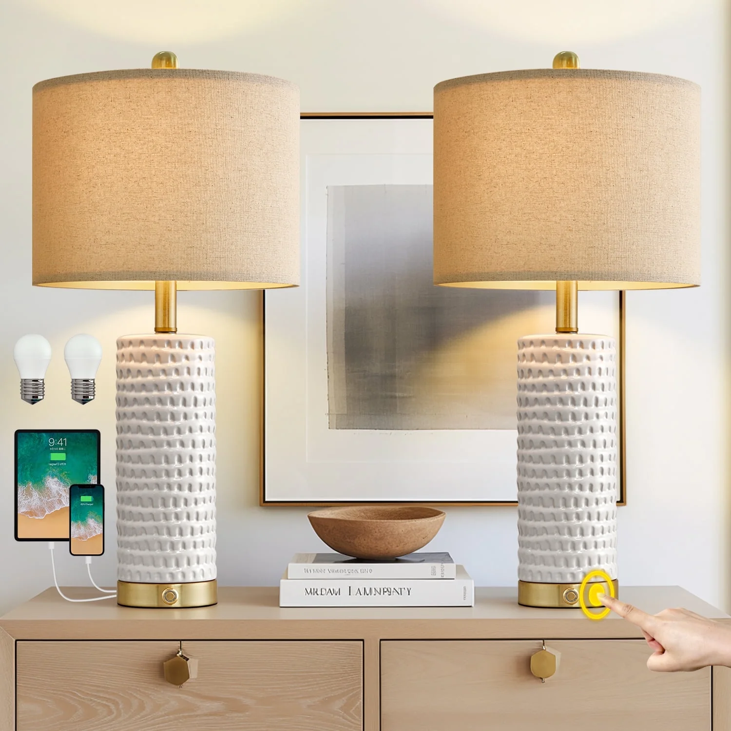 Oneach 3 Way Dimmable White Table Lamp Set of 2 with USBC+A, 24