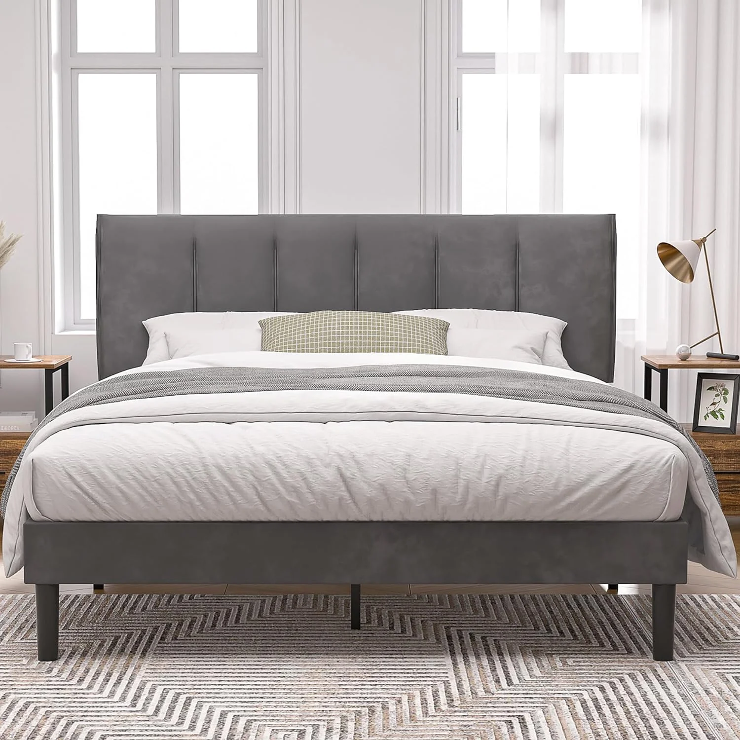 YILAN Queen Size Platform Bed Frame with Adjustable Velvet Upholstered Headboard, Mattress Foundation with Wooden Slats Support, No Box Spring Needed, Noise-Free, Easy Assembly, Dark Grey