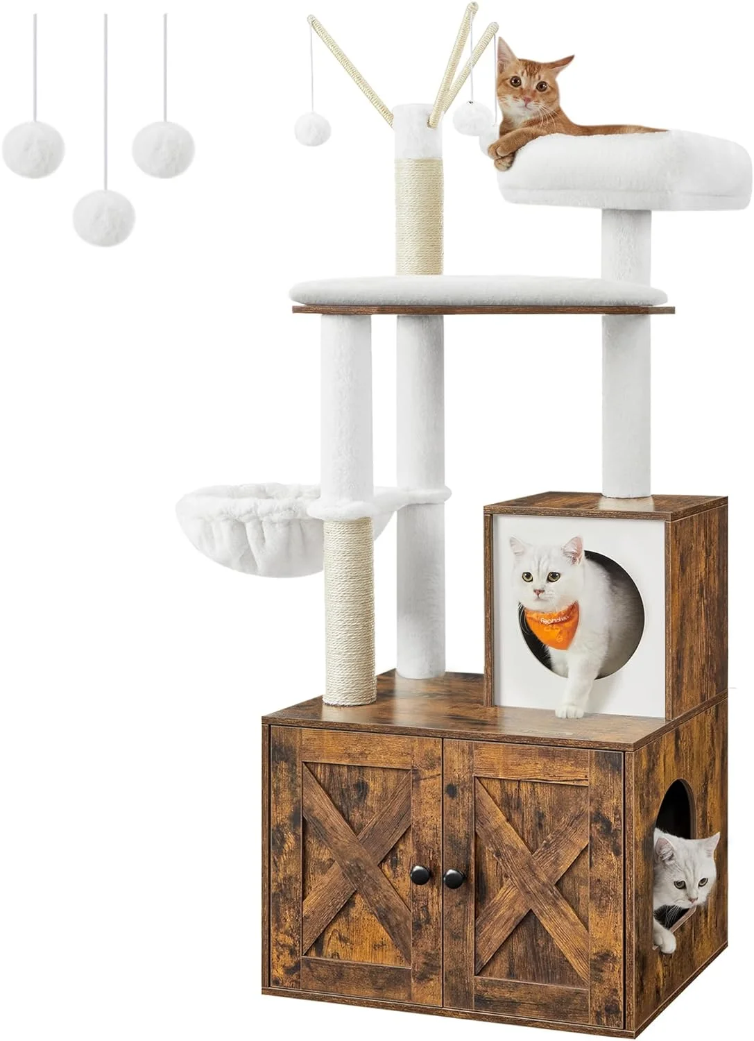WoodyWonders Cat Tree with Litter Box Enclosure, 2-in-1 Modern Tower, Furniture Hidden, Cat Condo with Scratching Posts, Removable Pompom Sticks, Rustic Brown UPCT113X01