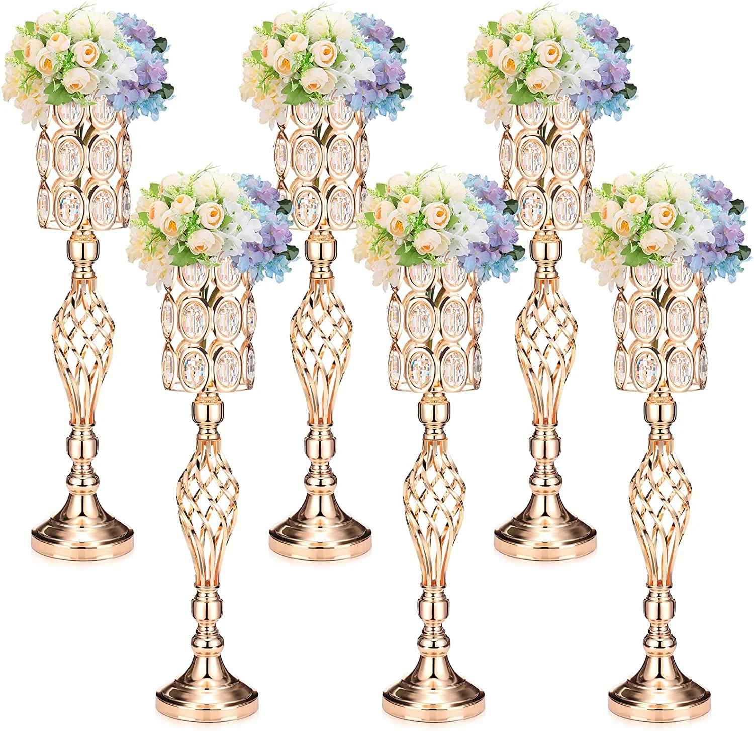 6 Pieces Metal Diamond Crystal Wedding Centerpiece Vases Wedding Flower Trumpet Vase with Crystal Bead 24 Inch Tall Gold Vases for Centerpieces Trumpet Stand Flower Stand for Wedding Birthday Event