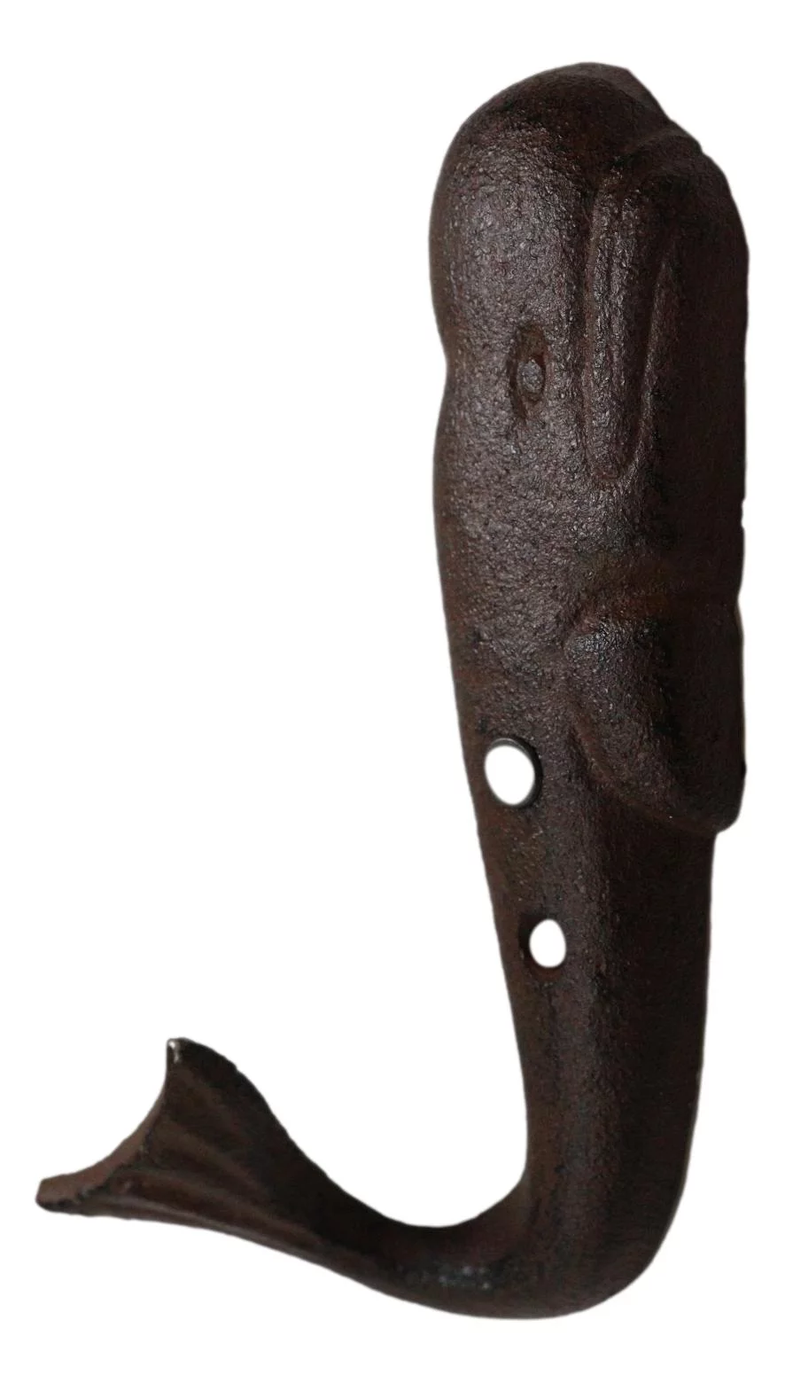 Set of 2 Cast Iron Nautical Sperm Whale Tail Wall Hooks In Rust Bronze Finish