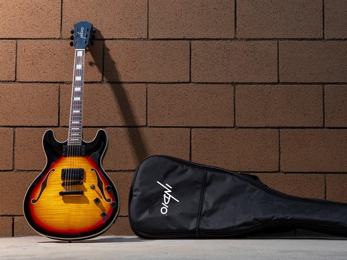 Monoprice Indio Boardwalk Flamed Maple Hollow Body Electric Guitar - Sunburst, With Gig Bag