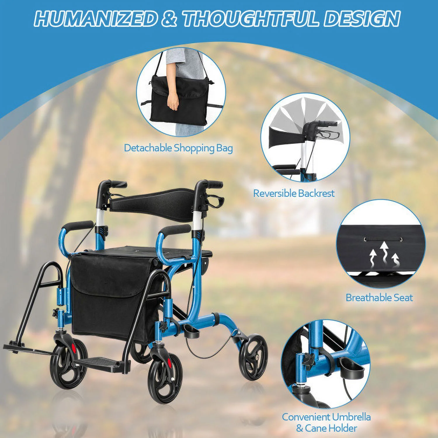 Folding Rollator Walker with 8-inch Wheels and Seat - 21.0