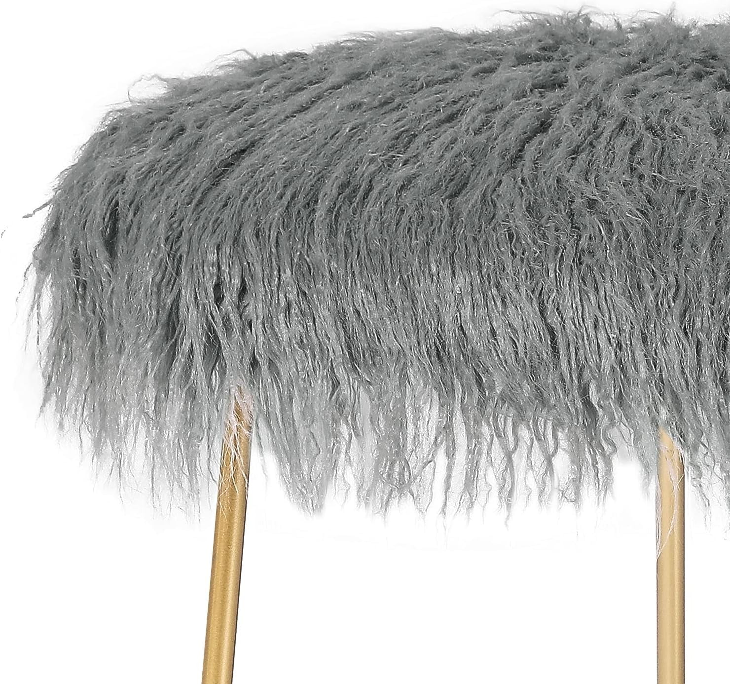Round Gray Faux Fur Vanity Stool With Gold Legs - Vanity Chair - Soft Compact Padded Seat - Bedroom And Chair - Metal - Fluffy Makeup Seat