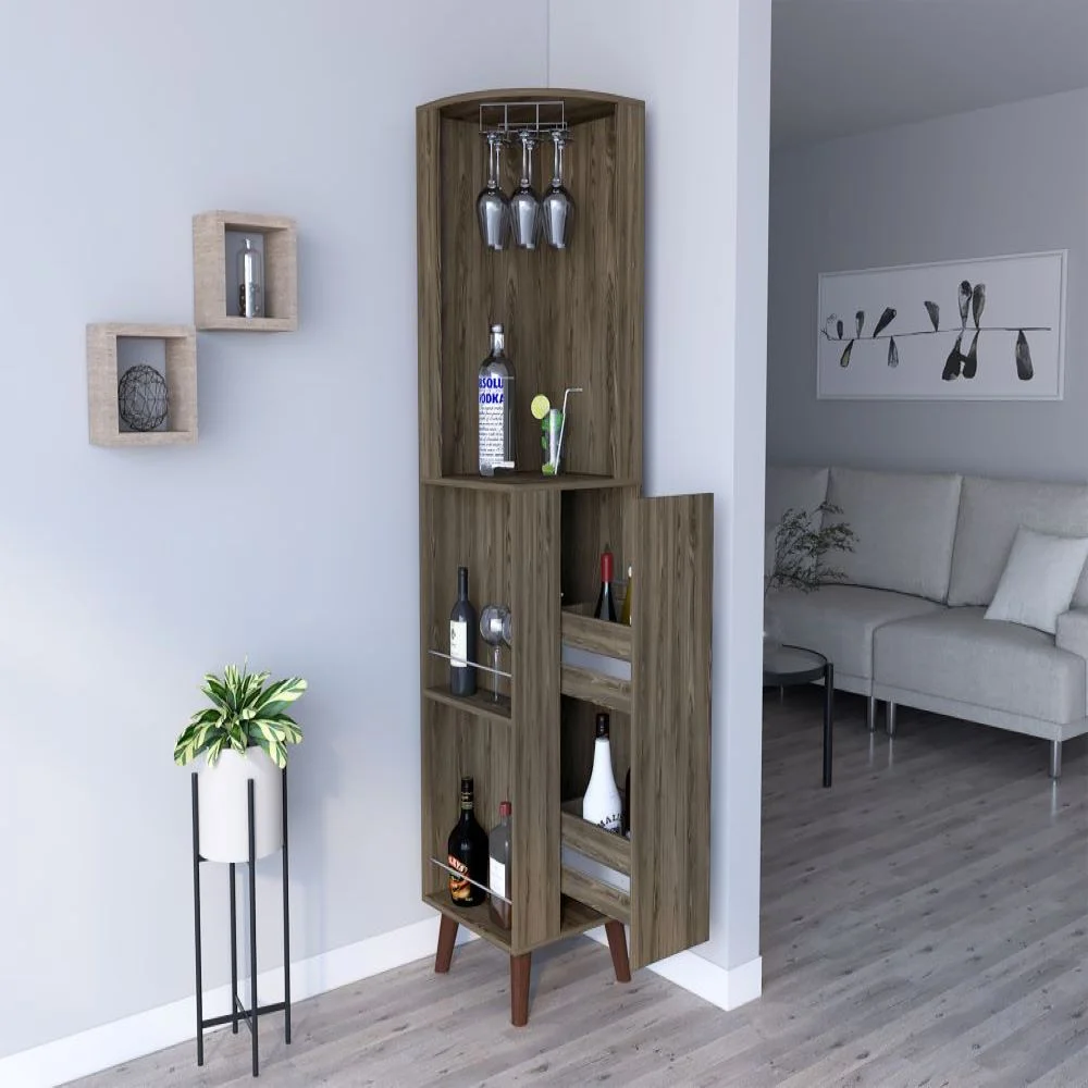 Treevol Furniture, Corner Bar Cabinet Plex, Cup Rack, Two External Shelves, Dark Brown Finish