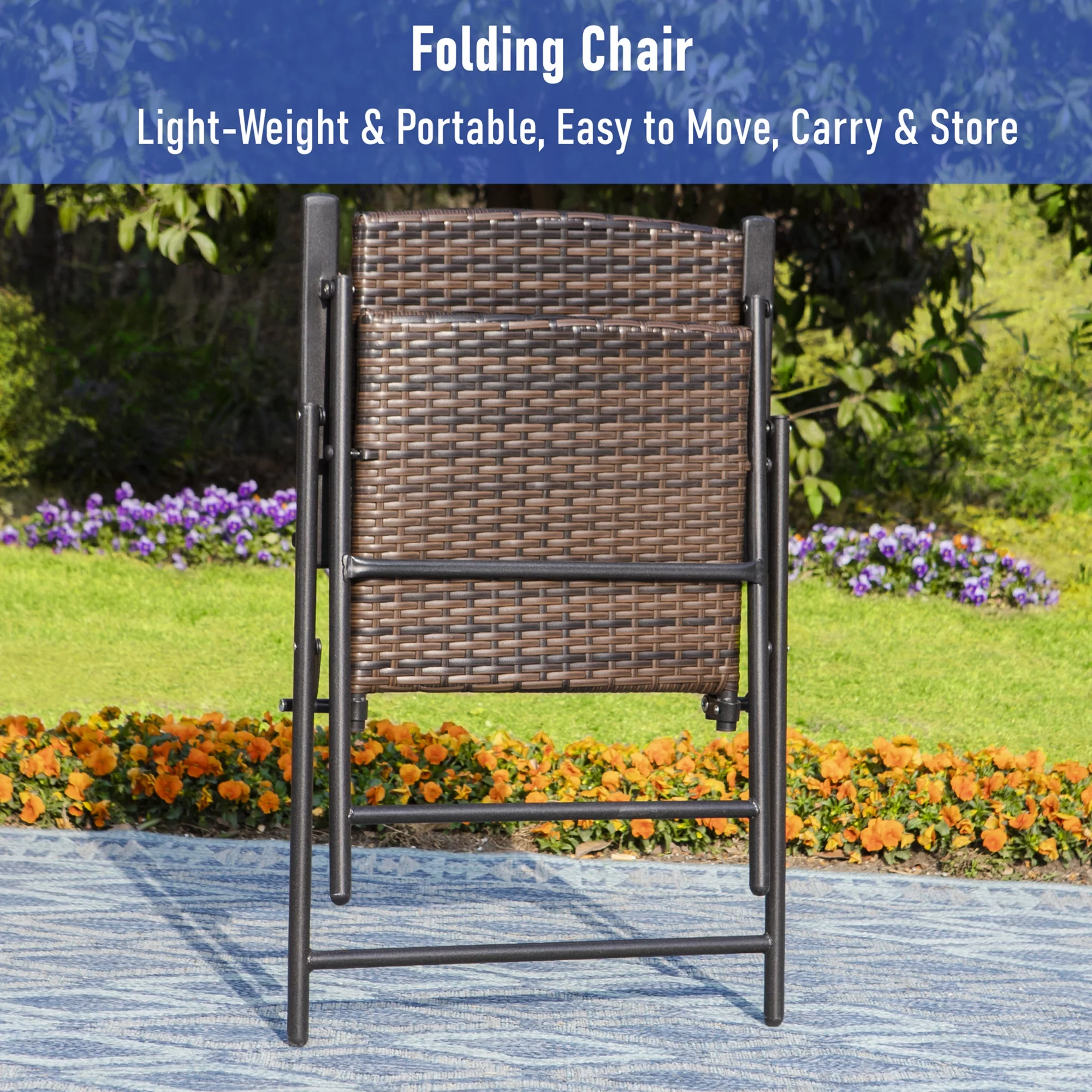 MF Studio 2 Piece Patio Wicker Folding Dining Chairs with Metal Frame, Dark Brown