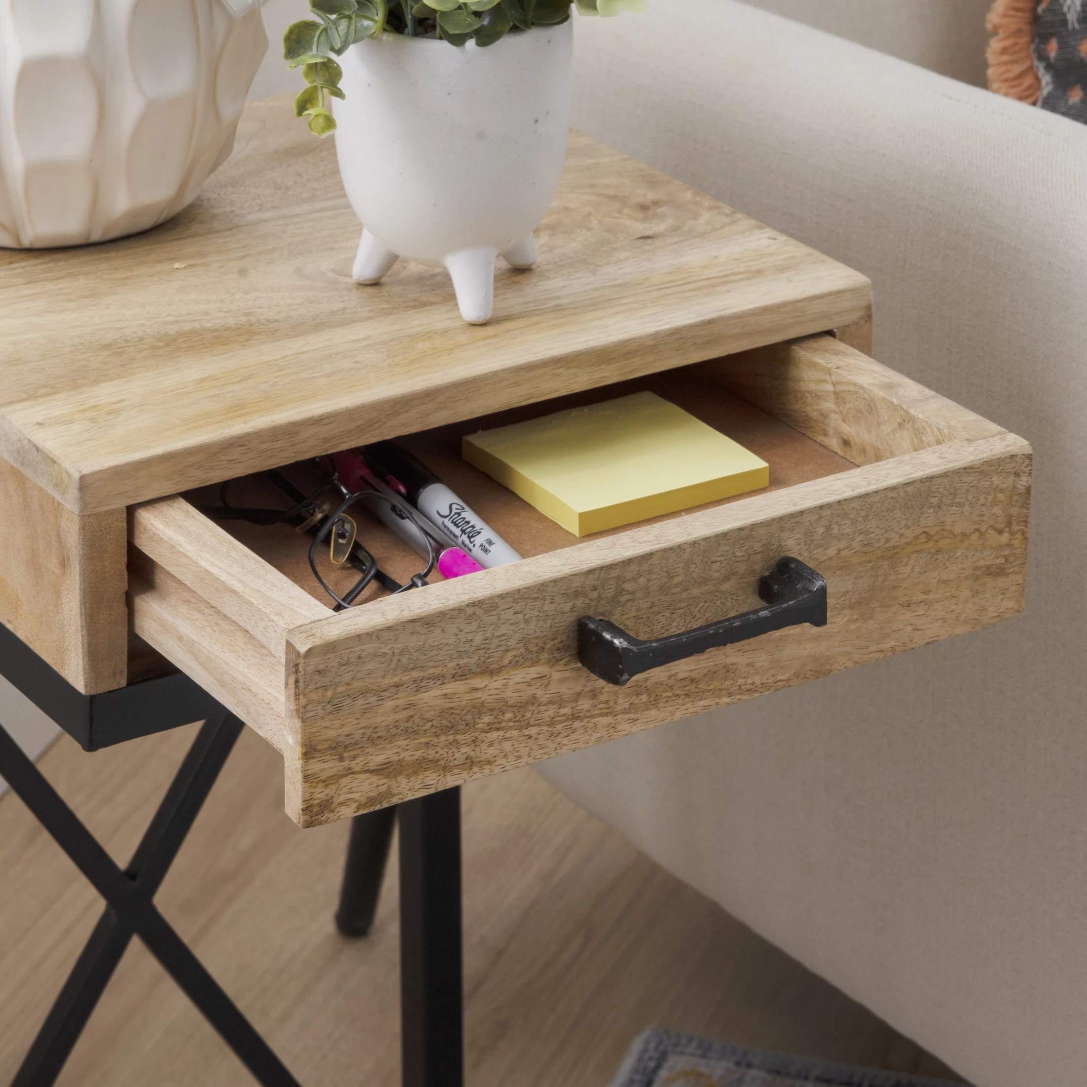 Chalgrove Mid-Century Metal Single Drawer C-Table, Black Base with Natural Wood Top