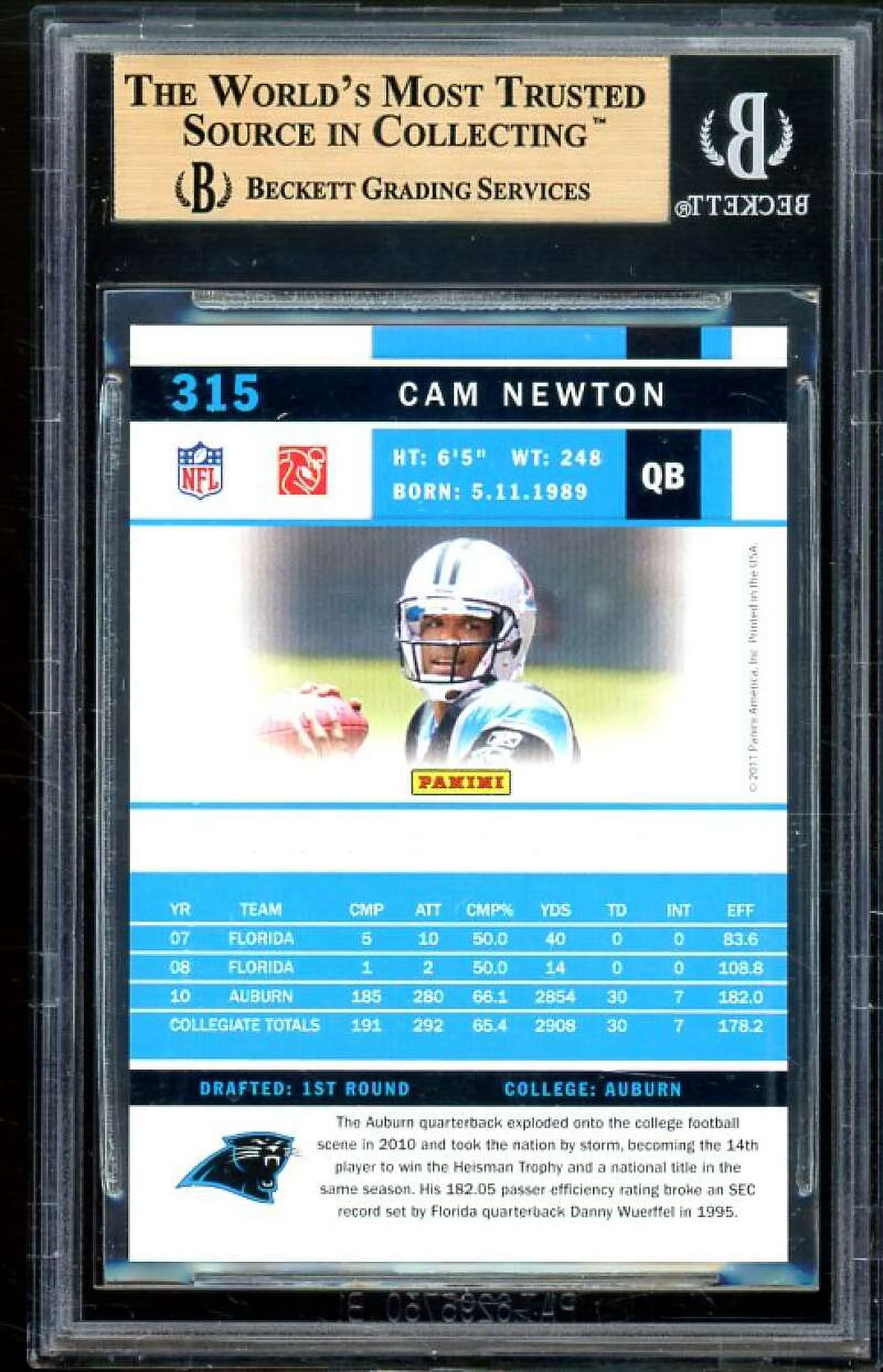 Cam Newton Rookie Card 2011 Score #315 (PRISTINE) BGS 10