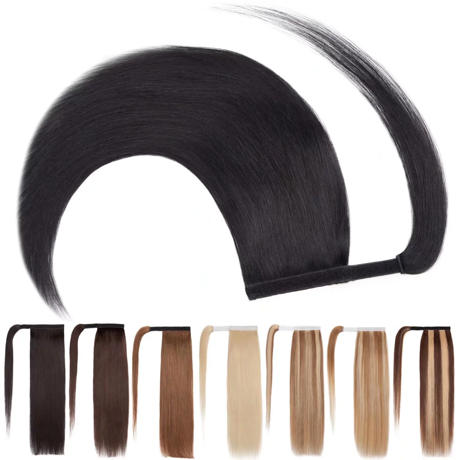 Benehair Clip in Ponytail Hair Extensions Human Hair Ponytail Wrap Around Remy Hair One Piece Silky Straight Human Hair Extensions 22inch #01 Jet Black 95g/pack