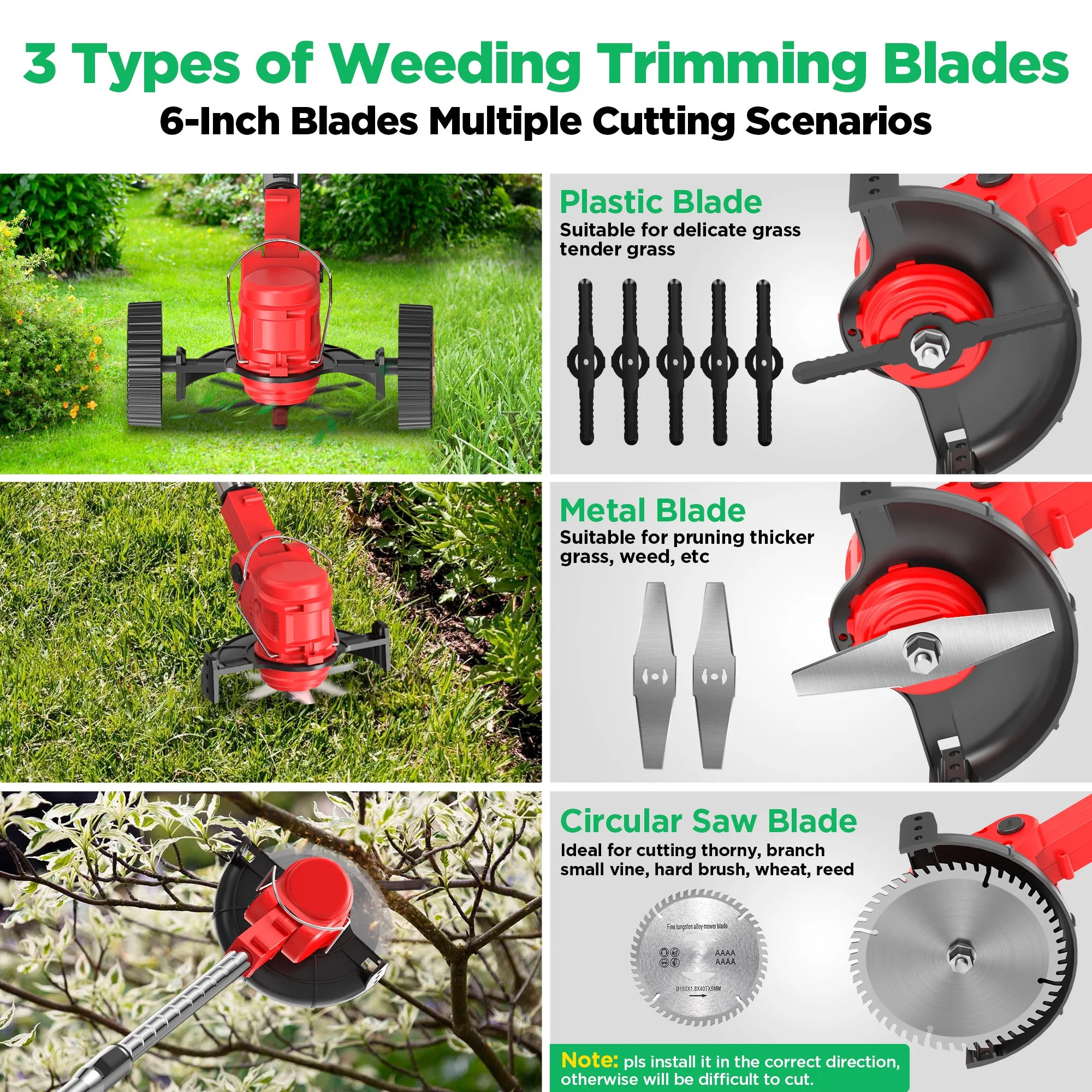 TNTANTS Electric Weed Wacker, Cordless String Trimmer with Wheels 2Pcs 24V Batteries, 3 Types of Blades, Adjustable Length, Lightweight Weed Eater Grass Trimmer/Edger/Brush Cutter for Lawn Yard Garden