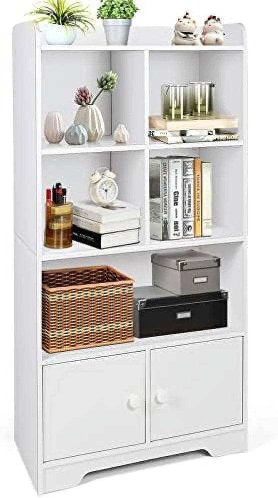 CHUIJN 4-Tier Bookcase with Doors  47.5" Tall Freestanding Wooden Bookshelf with 3 Shelves  4 Cubes  Cabinet Organizer for  Room Office Living Room Bedroom Study  Brown