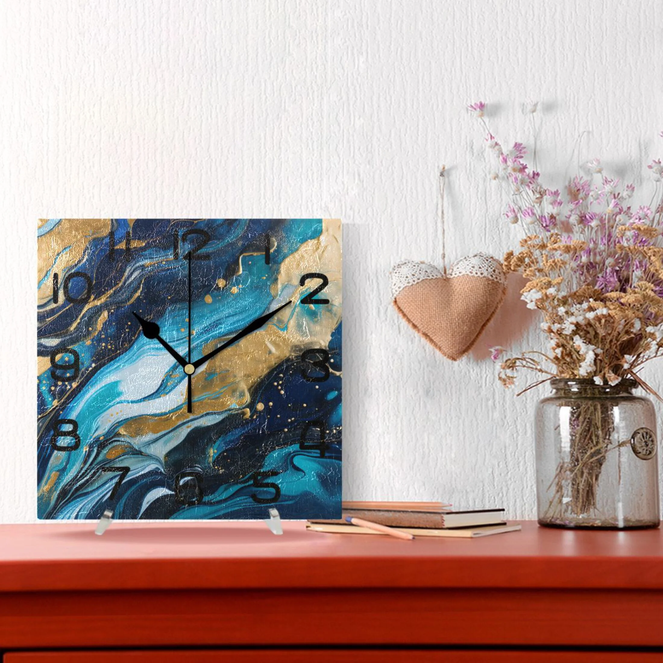 Blue Marble Golden Wall Clock Square Silent Non-Ticking Battery Operated Retro 7.78