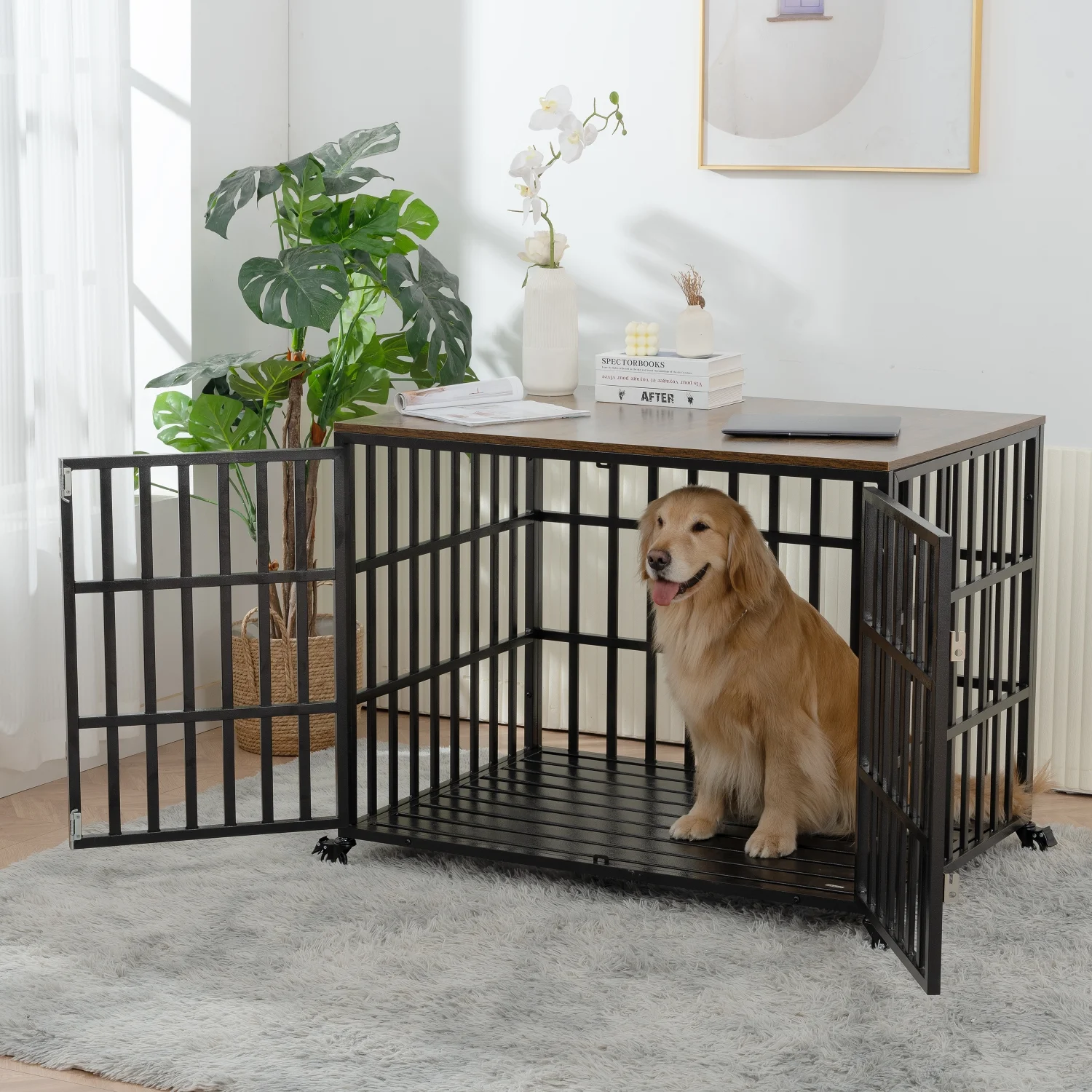 DremFaryoyo 42” Heavy Duty Dog Crate for Large Medium Dogs   Style cage with 4 Lockable Wheels and 2 Locks  Decorative Pet House Wooden Cage Kennel  Indoor