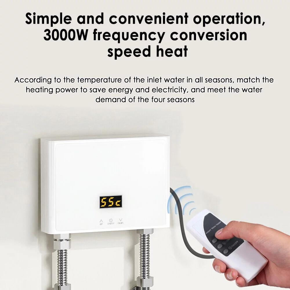 Mini Electric Tankless Water Heater 3000W 110V Constant Temperature Instant Hot Water Heater with Remote Control Digital Display On Demand Hot Water Heater-White