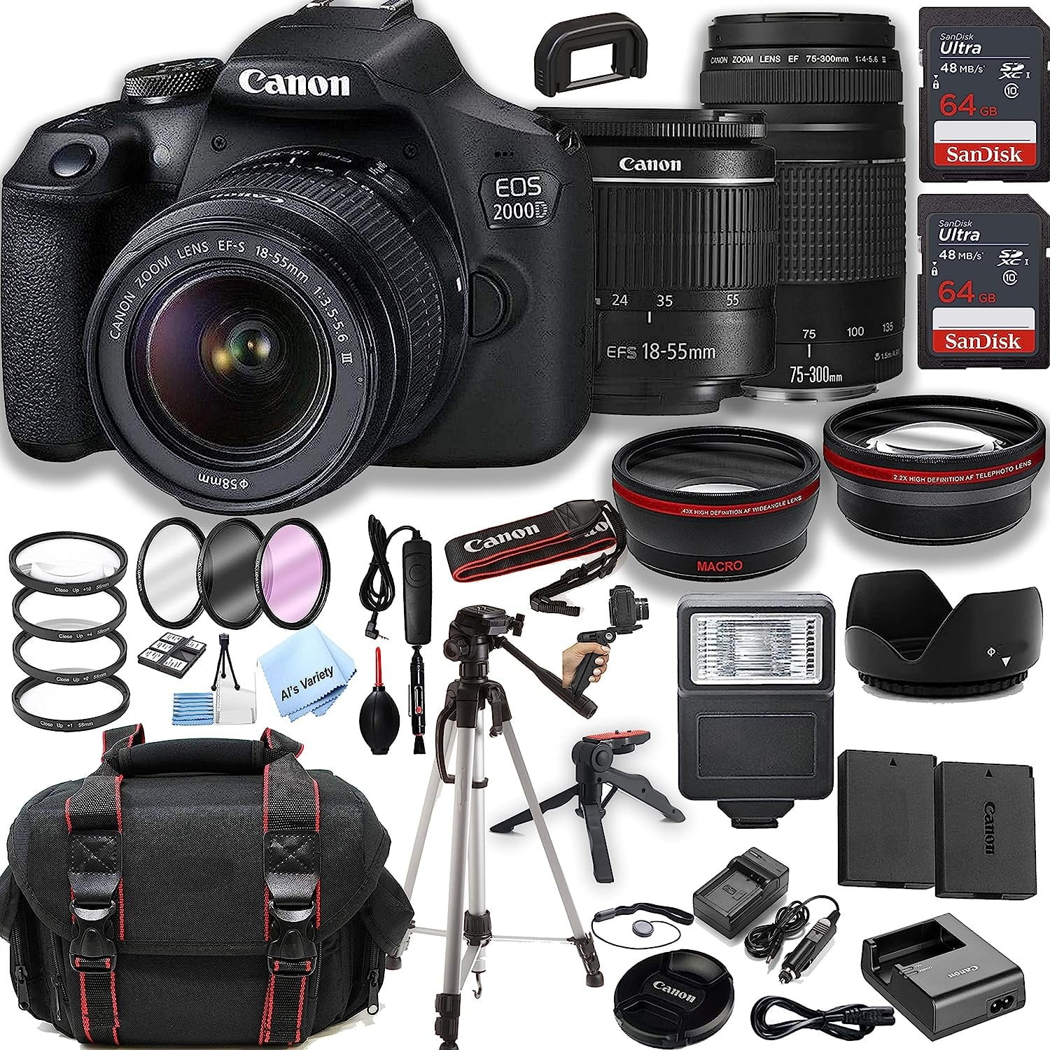 Canon EOS 2000D / Rebel T7 DSLR Camera w/ 18-55mm Zoom Lens + 75-300mm III Lens + 2pcs 64GB Memory + Case+ Tripod + Steady Grip Pod + Filters + Macro + 2X Lens + 2X Batteries + More 37pc Bundle