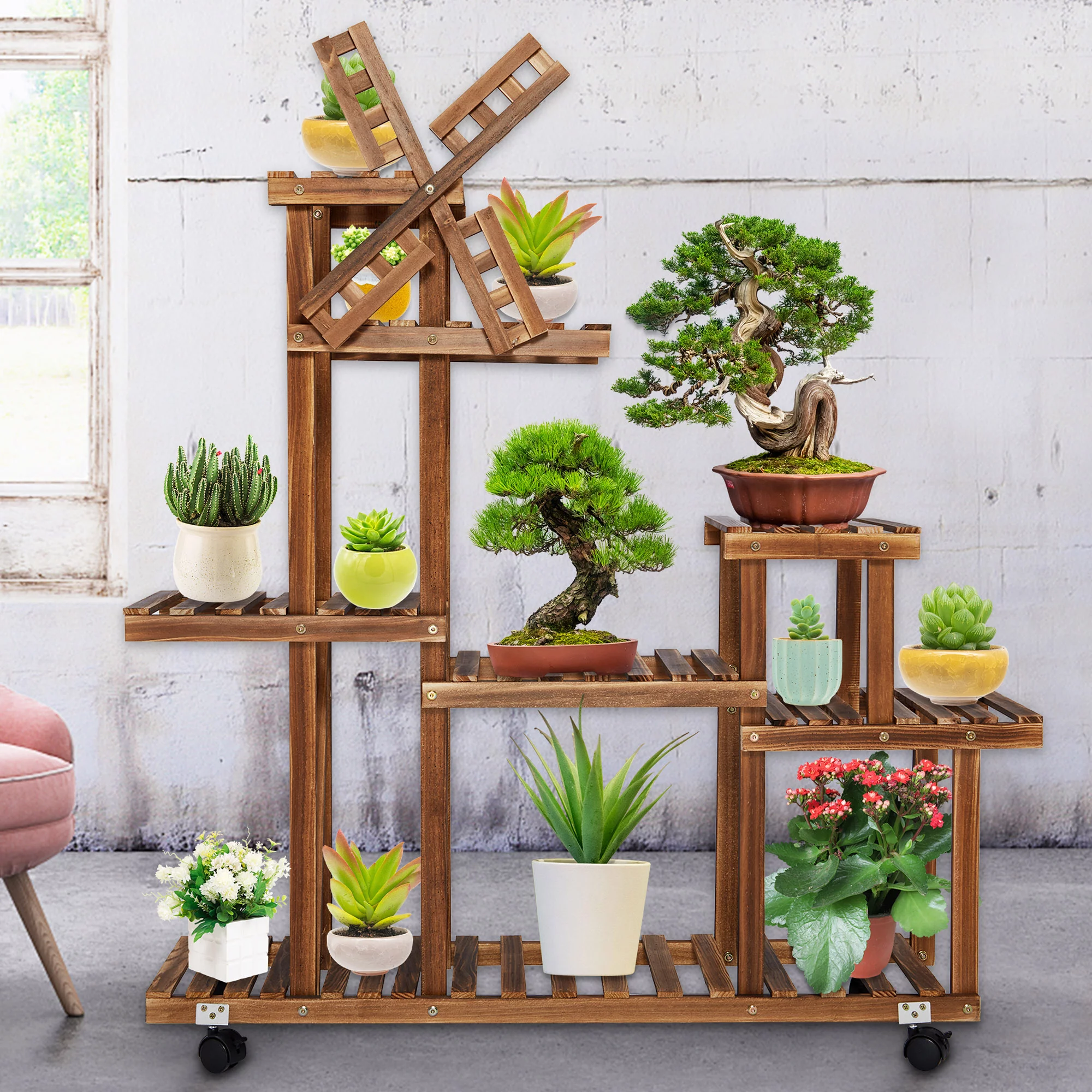 SAYFUT Wood Plant Stand, Large Multi Tiered Plant Shelf for Multiple Plants, Indoor Flower Pots Stand With Wheels, Outdoor Plant Shelves Rack Holder