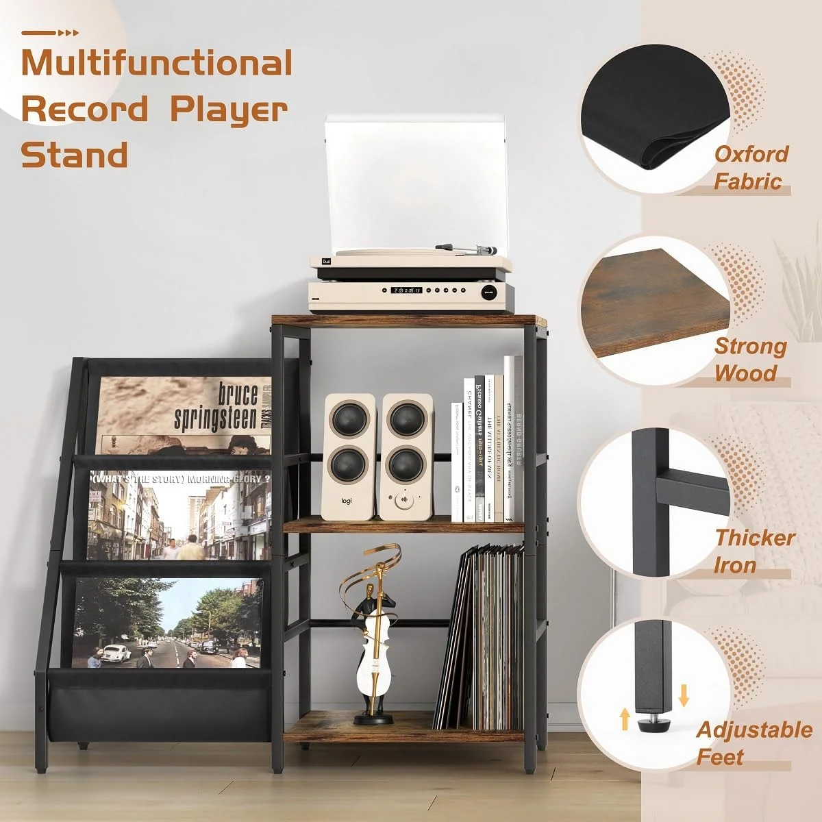 Record Player Stand with Vinyl Storage, Vinyl Record Storage Shelf, Record Player Table Cabinet Up to 200 Albums, Record Holder for Vinyl Records, Turntable Stand End Table for Living Room