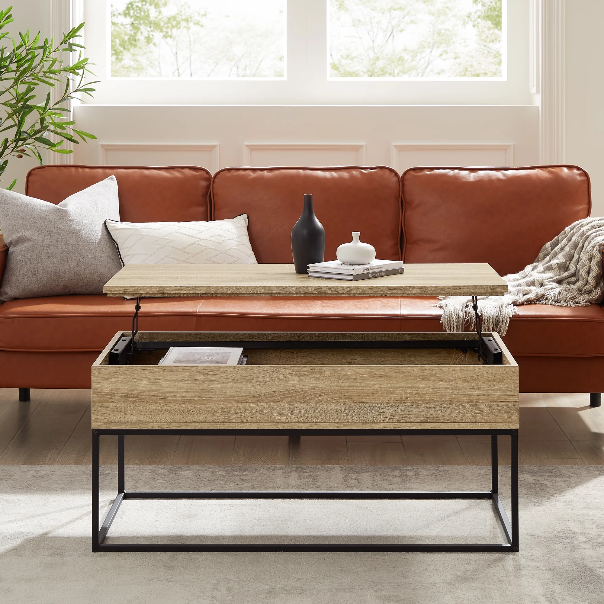 Walker Edison Modern Wood and Metal Lift-Top Coffee Table, Natural