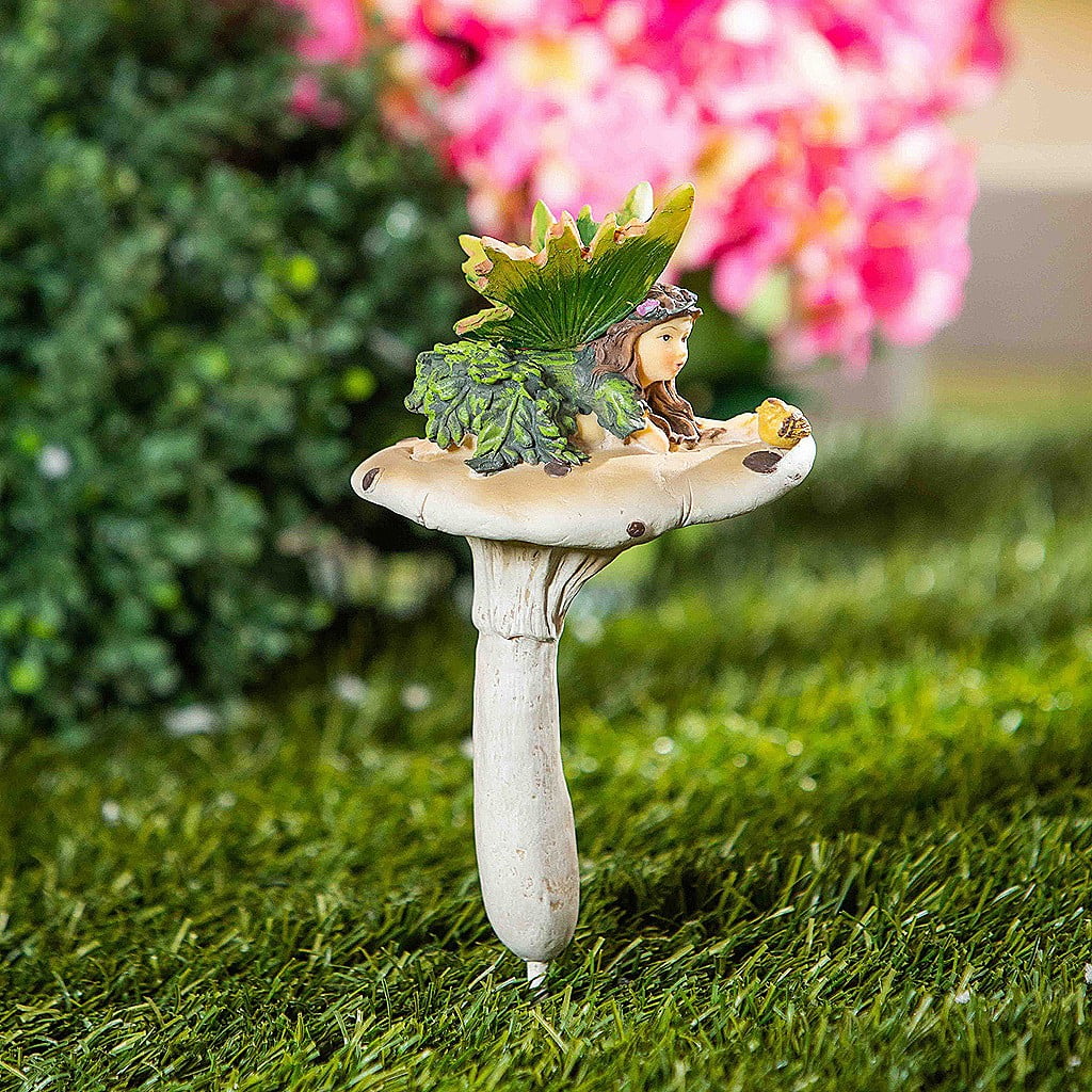 Evergreen Fairy On Mushrooms with Bird Garden Stakes