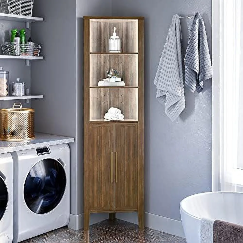 ZFGSUIJN Corner Cabinet with LED Light  70 Inch Corner  with Doors 5 Tiers Display Cabinet with RF Remote Control Tall Corner Bookshelf with Adjustable Shelves for Living Room Home Office