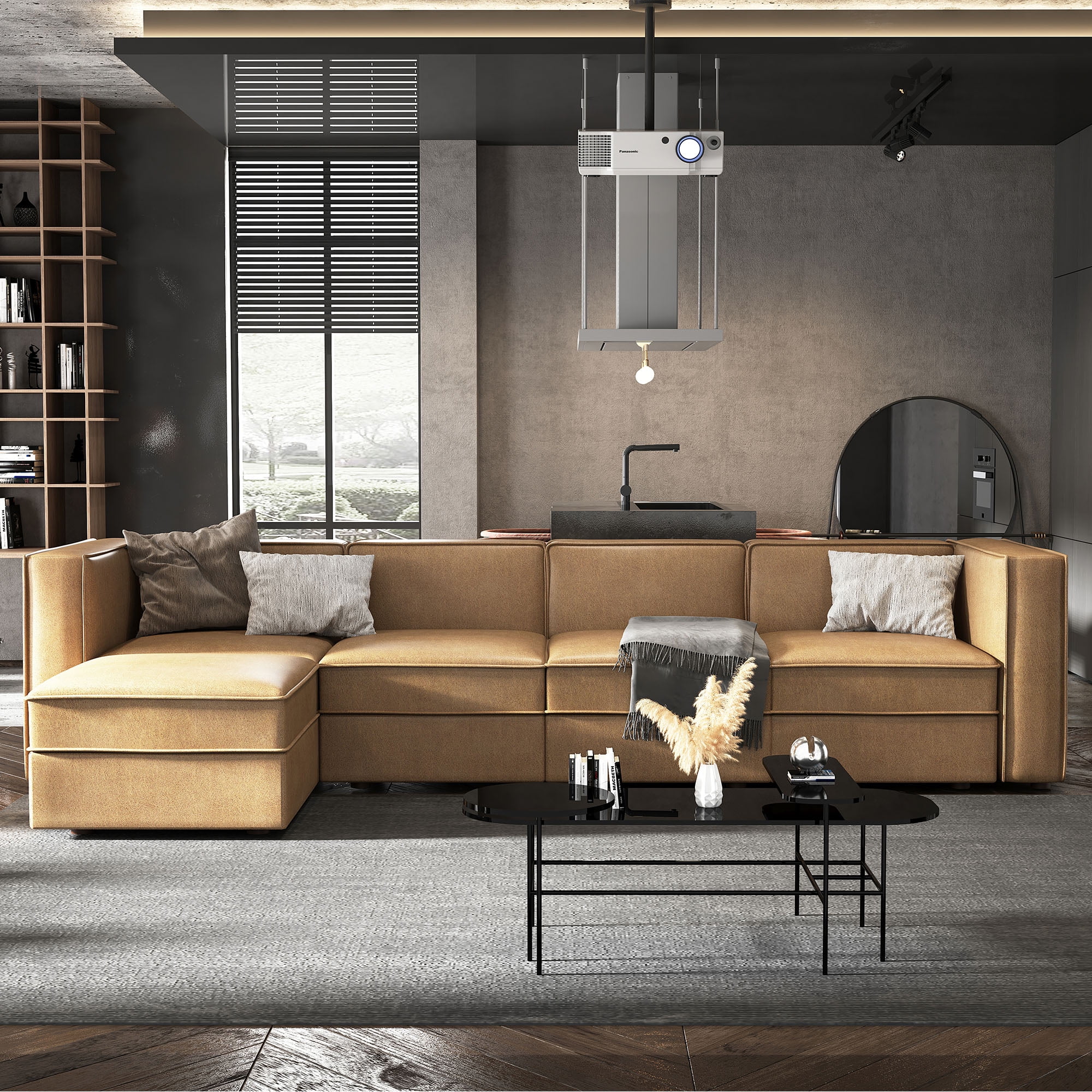 Nolany Reversible Sectional Sofa Couch L Shaped Sofa Modular 4-Seat Couch with Chaise, Caramel Microfiber