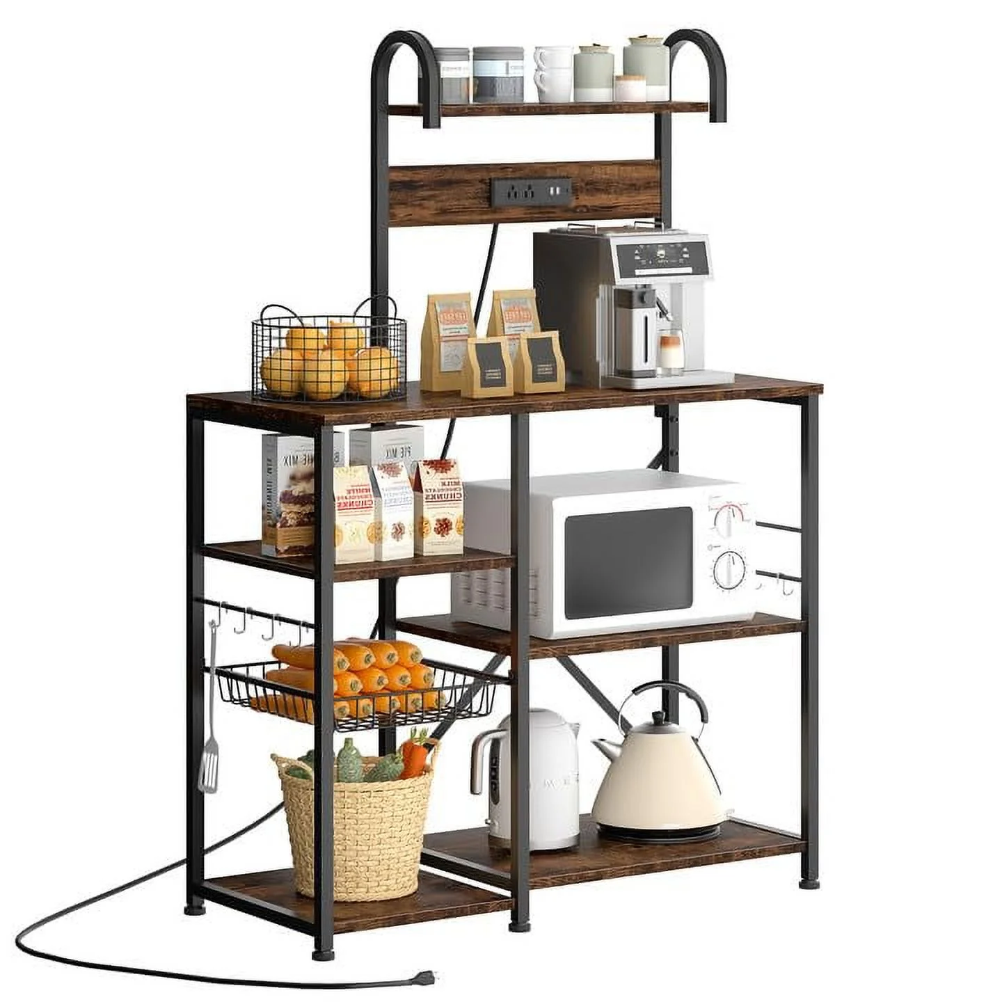Bakers Rack with Power Outlet, Microwave Stand, kitchen Storage Shelf with 6 Hooks, Coffee Bar Station with Wire Basket, 6 Tier Kitchen Rack for Living Room, Spice, Pots and Pans Organizer