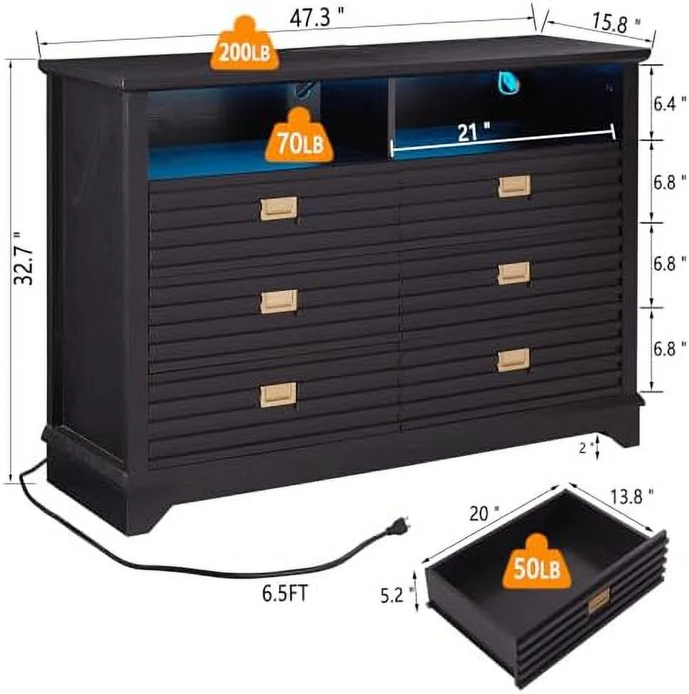 MQLIFEBOOM Dresser for Bedroom with Charging Station  Wide Chest of Drawers with LED Light  Wooden Dresser with 6 Drawers   Organizer Unit with Power Outlet & LED Light for Living Roo