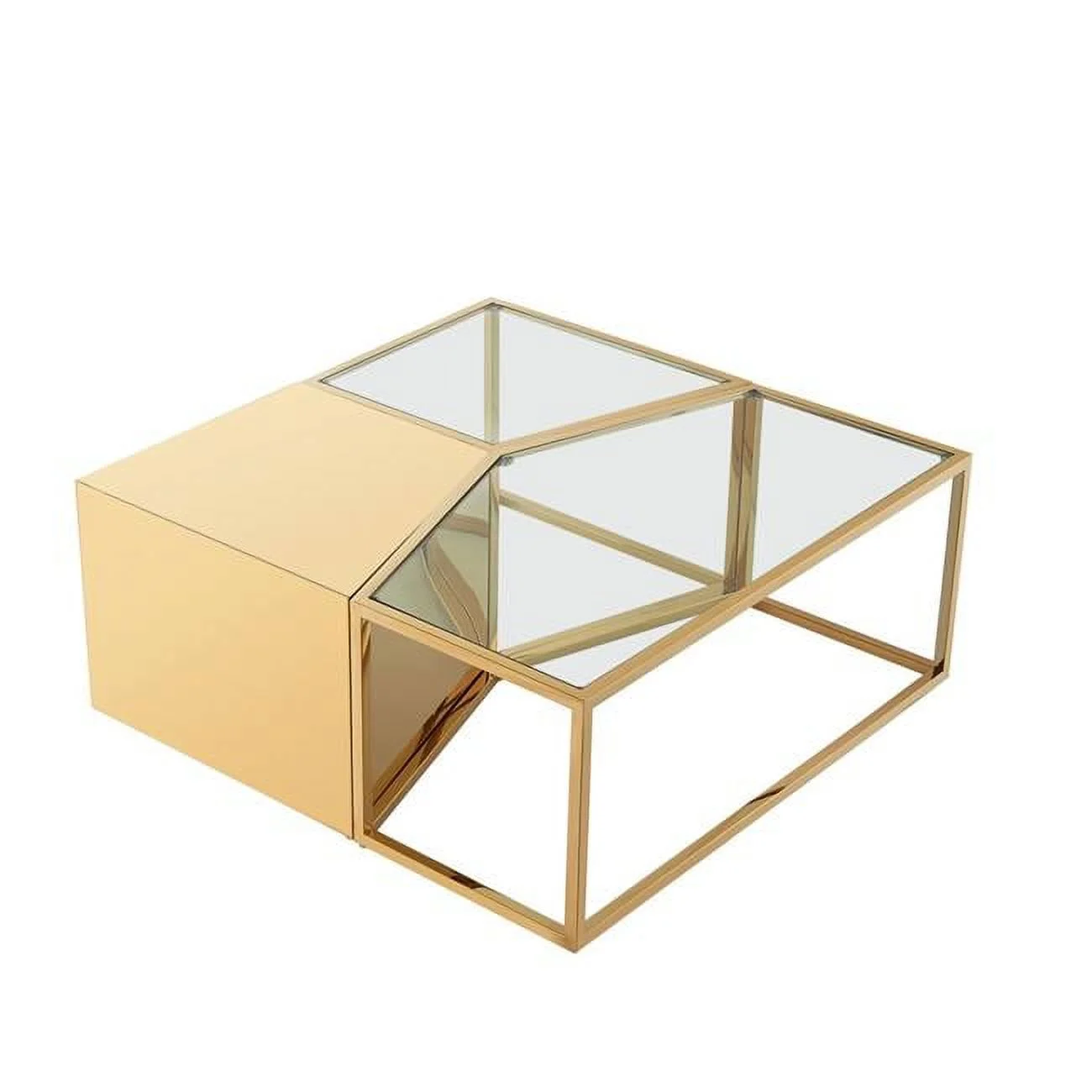 HomeRoots Clear, Gold Glass, Stainless Steel Mirrored Bunching Coffee Tables