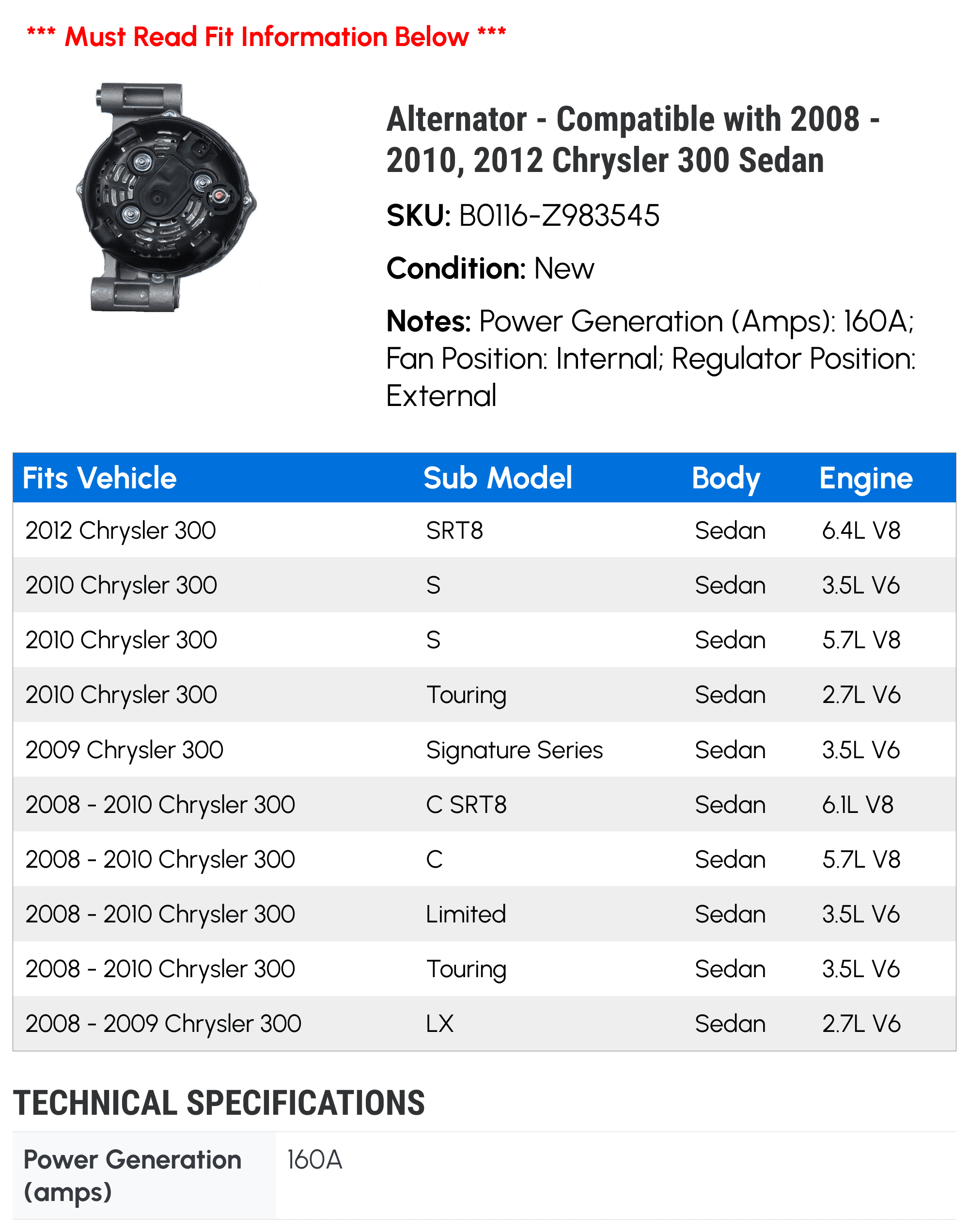 Alternator - Compatible with 2008 - 2010, 2012 Chrysler 300 Sedan 2009