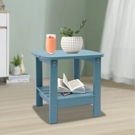 Lake Blue Outdoor Side Table Rectangle Two-Tier Backyard Side Table 48*38*46cm